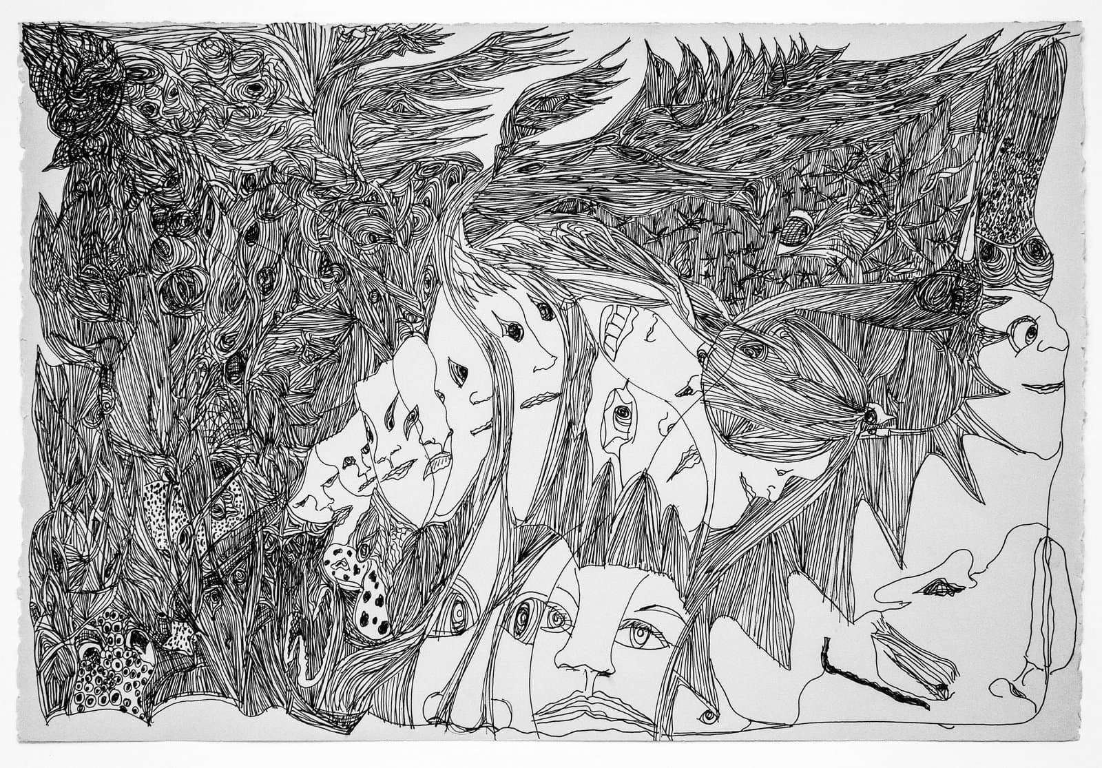Ink drawing on paper featuring multiple overlapping human faces and figures amid dense swirling linear patterns.