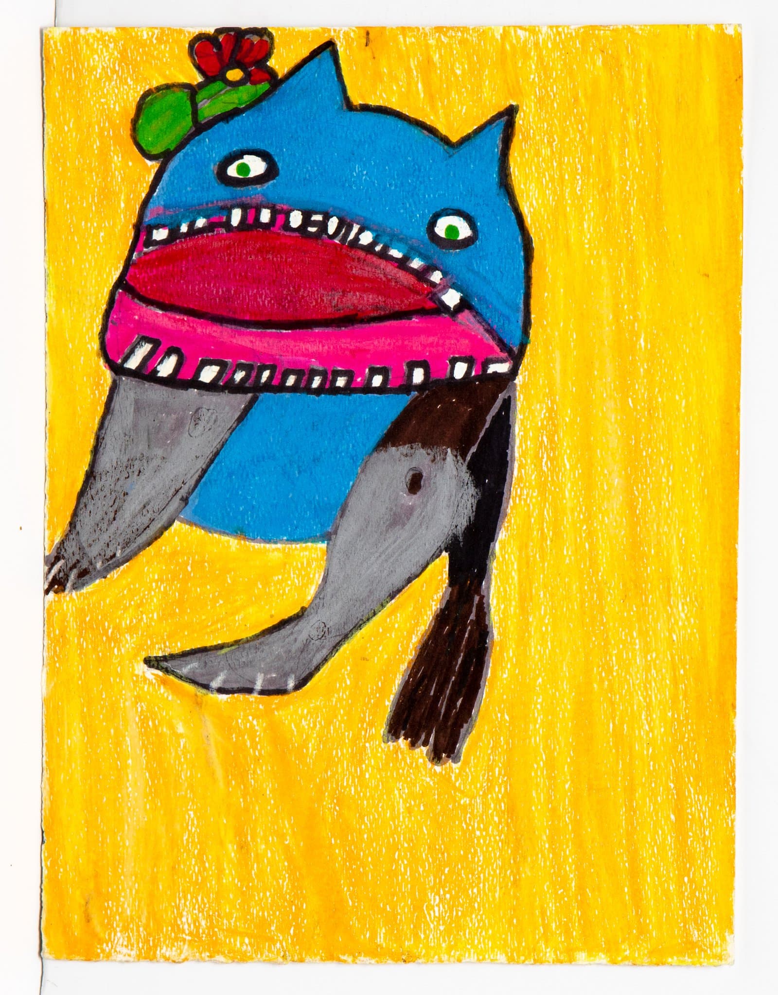 Mixed media drawing of a blue creature with a wide open mouth, green eyes, gray fins, and a red flower on its head against a yellow background.