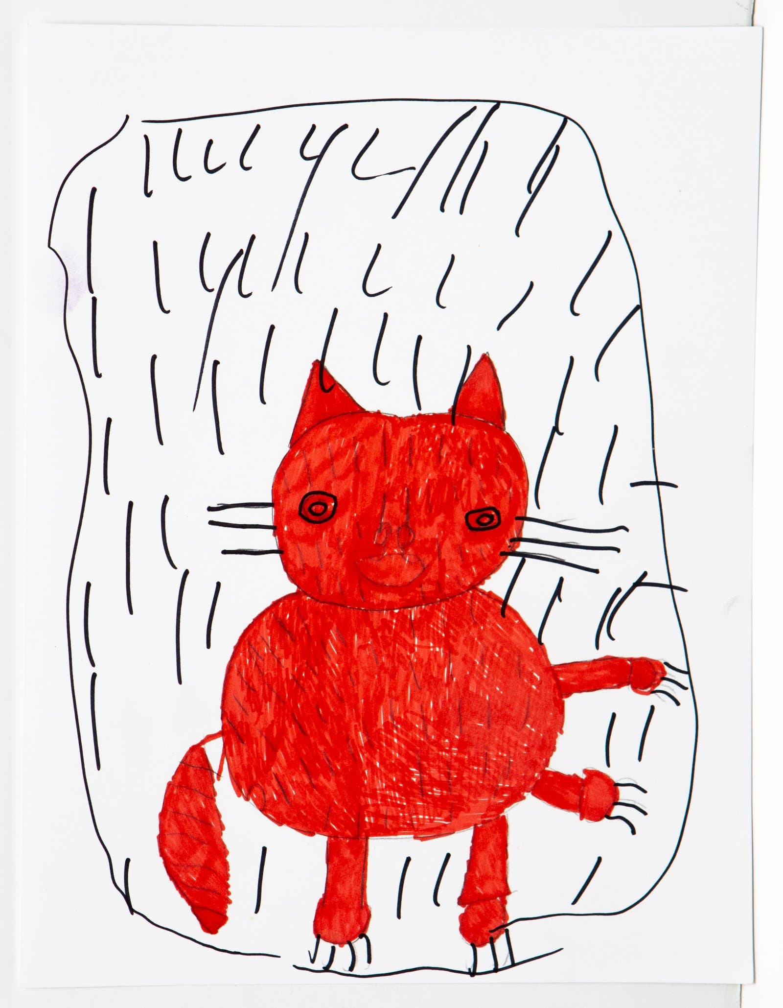 Pen drawing of a red cat with circular eyes and whiskers, filled with red marker, set against a white background with black hatching.