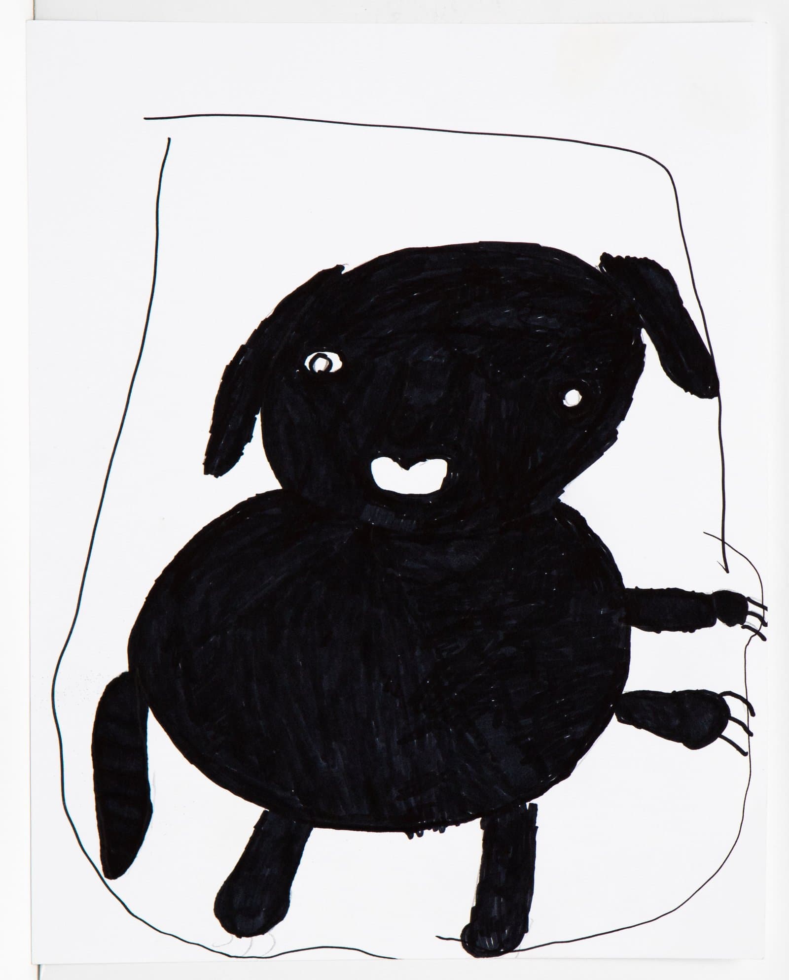 Pen drawing of a solid black dog-like figure with white eyes and open mouth, centered on white paper.