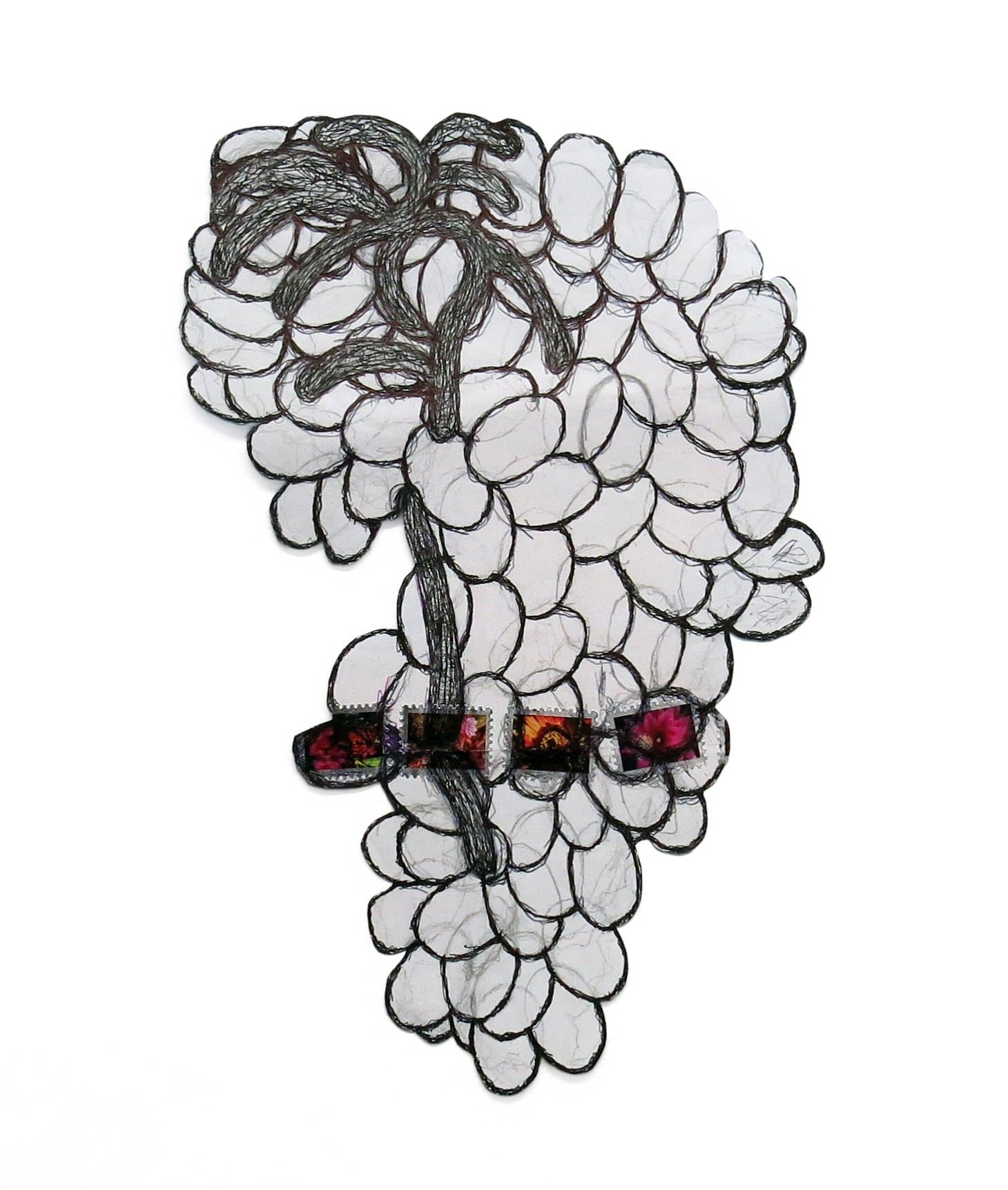 Mixed-media work depicting a bunch of grapes in black thread on paper with a horizontal strip of colorful flower postage stamps.