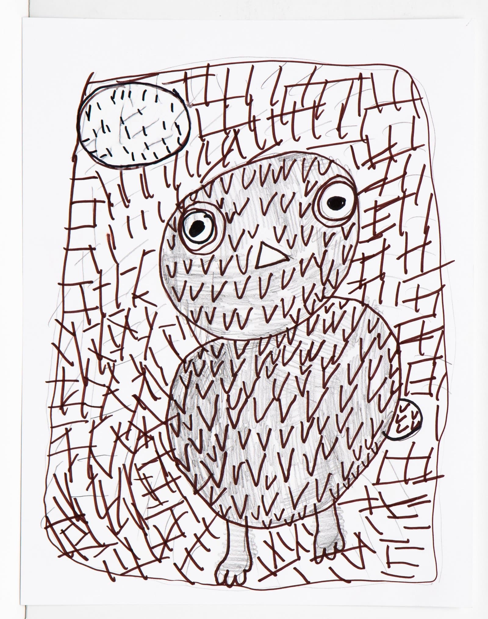 Pen and colored pencil drawing of a round owl-like creature with large eyes, covered in V-shaped marks, on a crosshatched background.