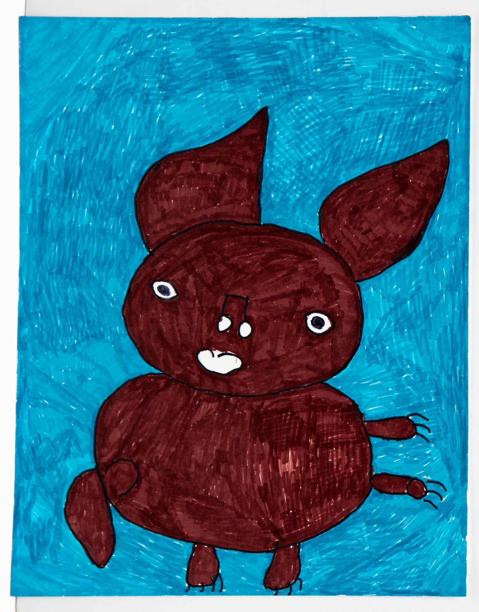 Pen drawing of a dark red rabbit-like creature with clawed hands and feet against a bright blue crosshatched background.