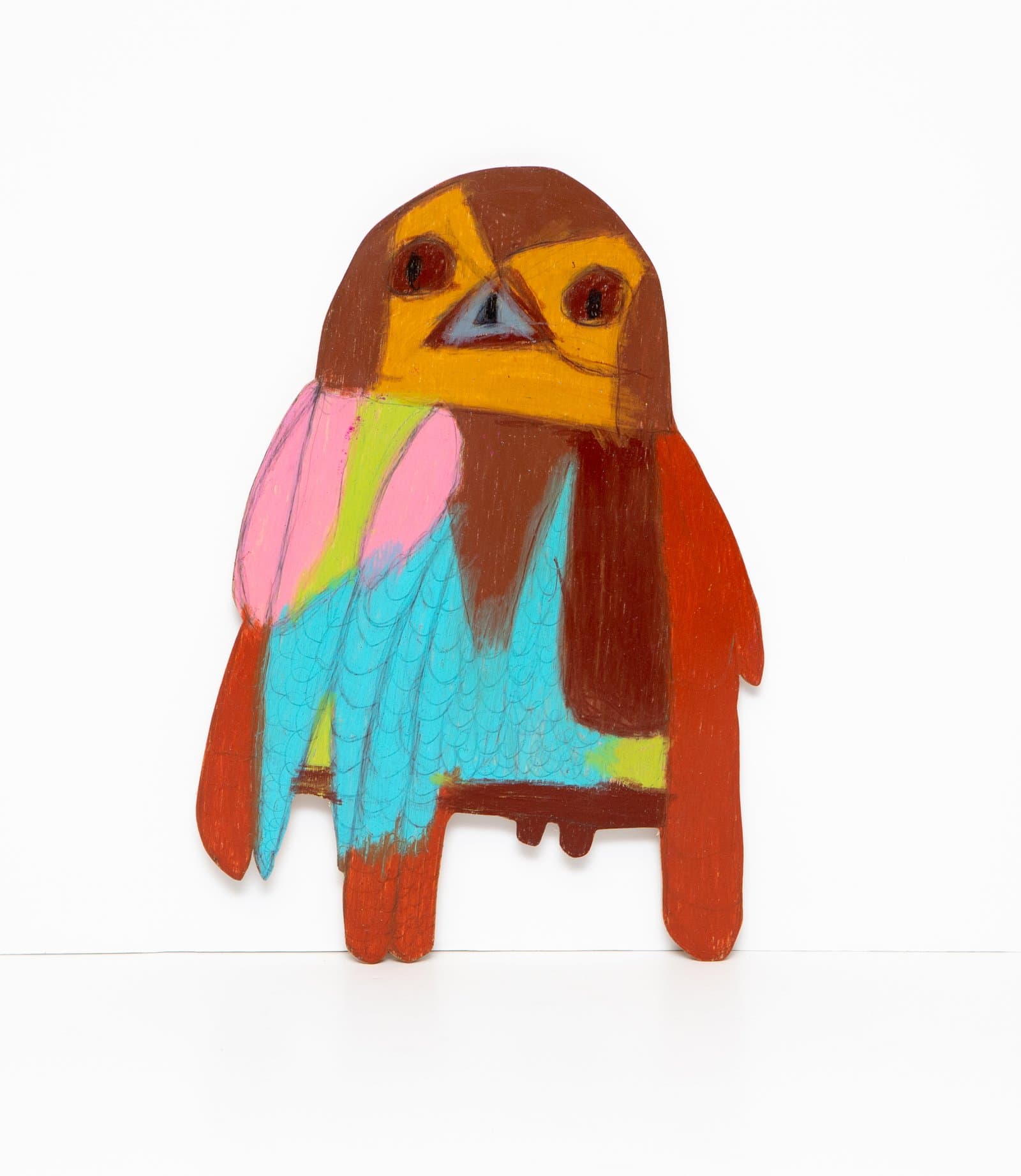 Painted cutout wood figure of a stylized owl in brown, yellow, orange, turquoise, and pink using Prismastix on wood.
