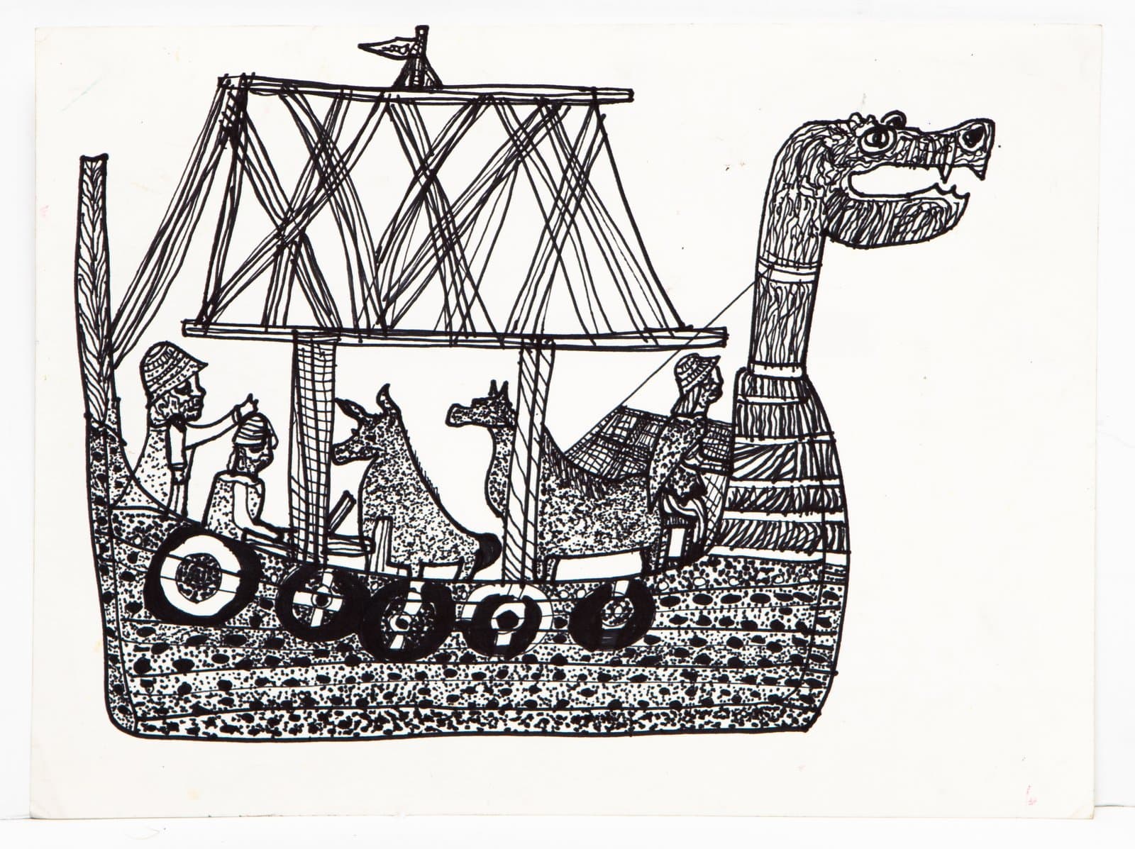 Black ink drawing of a Viking-style ship with a dragon prow, sails, human figures, and animal passengers on wheels.