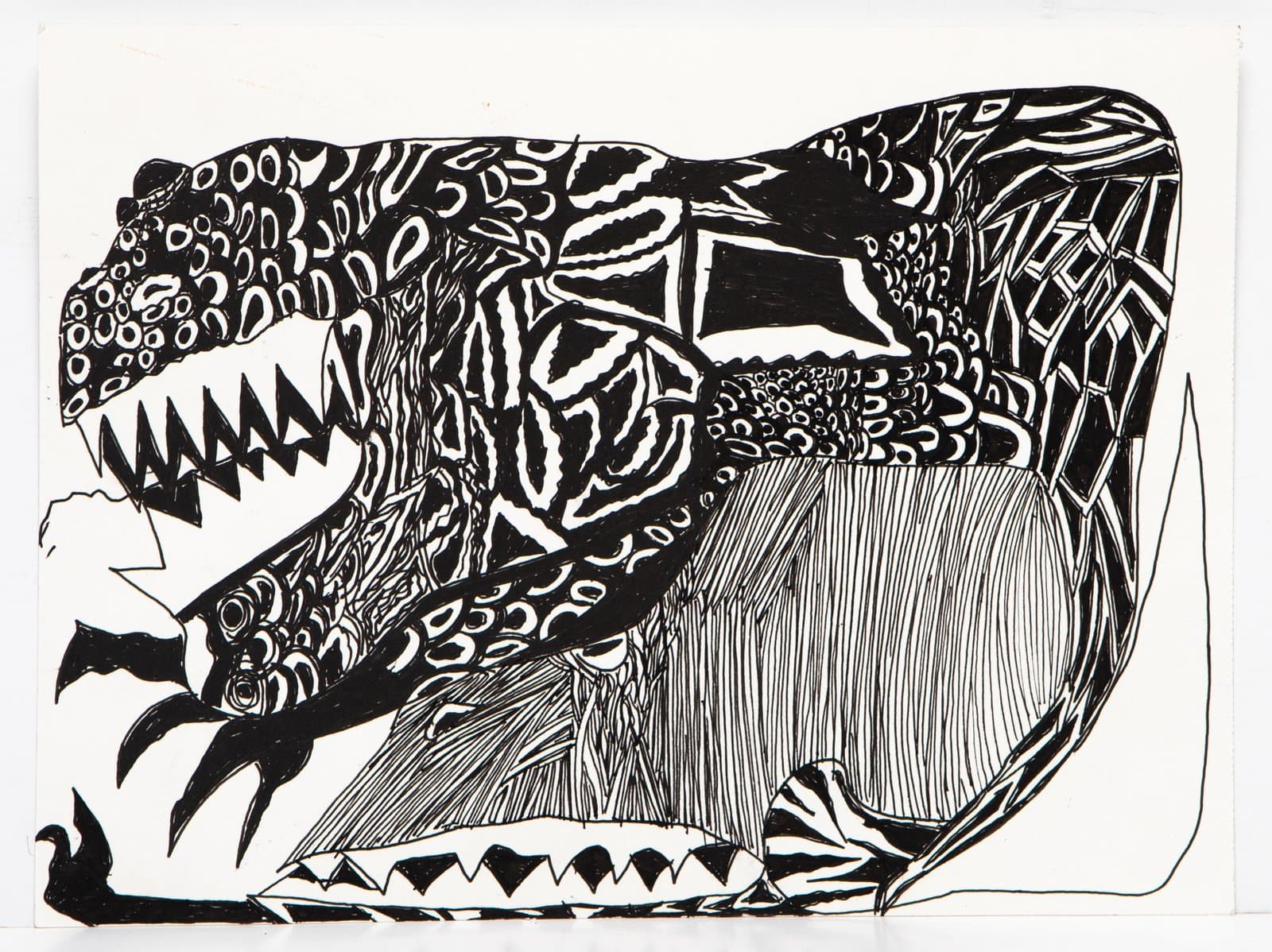 Black and white pen drawing of a large dinosaur with an open jaw, filled with intricate patterned textures on white paper.