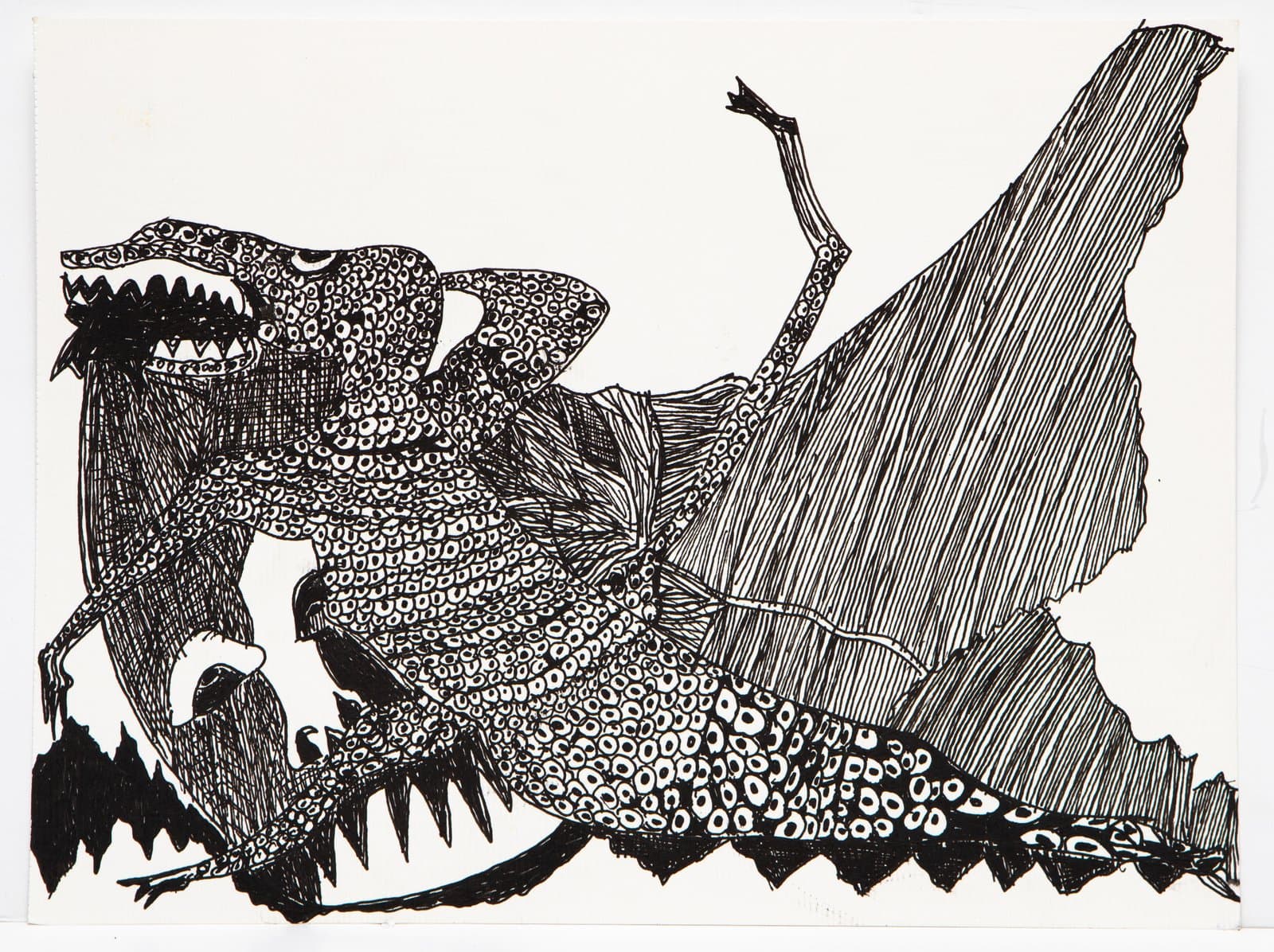 Black and white pen drawing of a large dragon-like creature with scaly texture, open jaws, and a jagged tail on white paper.