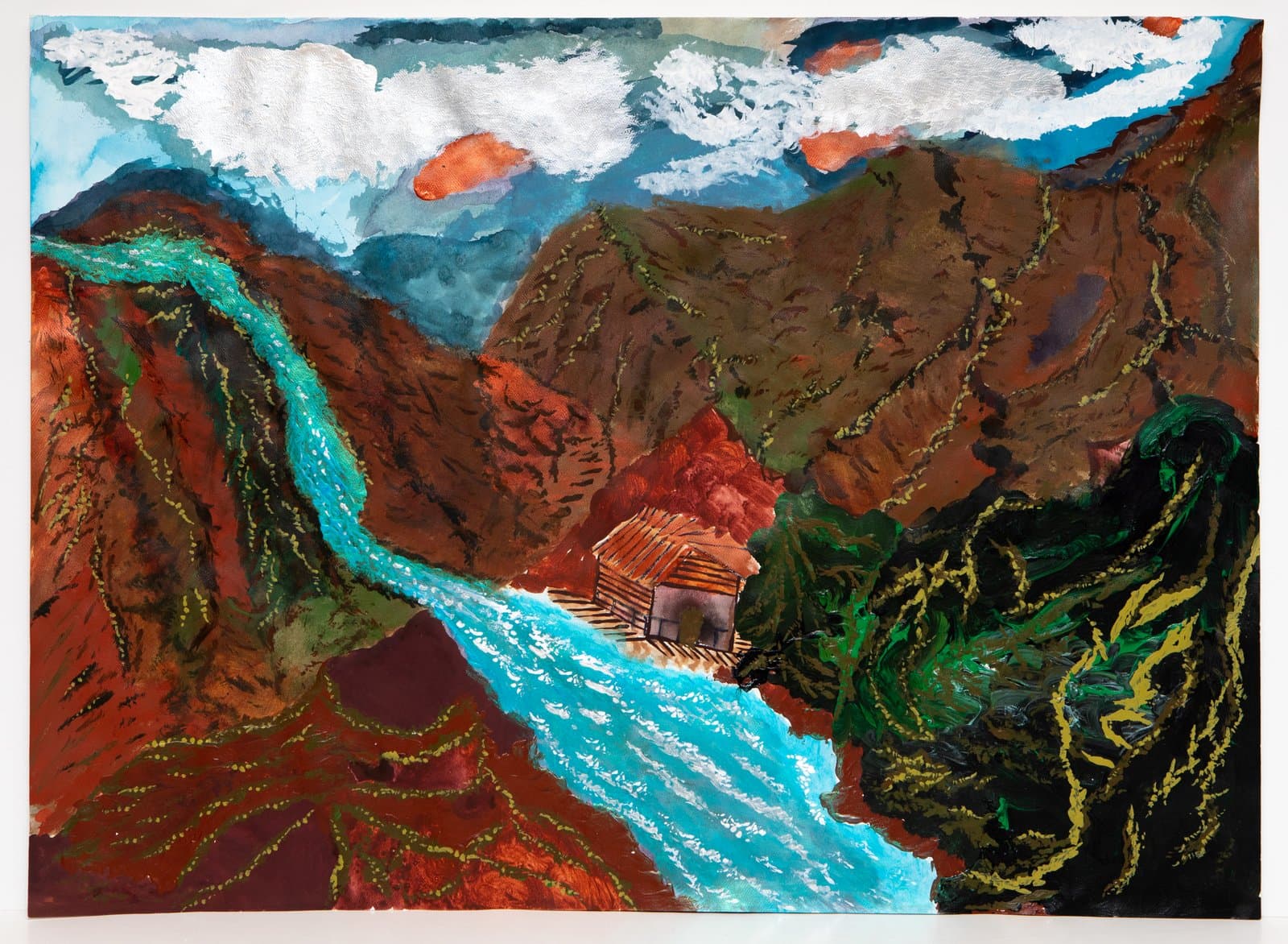 Acrylic landscape painting of a turquoise river flowing through red-brown canyon mountains toward a small wooden structure.