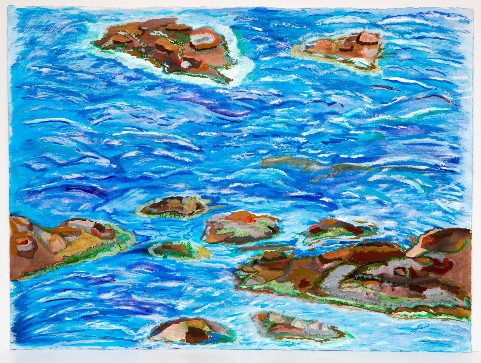 Acrylic painting on paper depicting rocky islands scattered across bright blue ocean water, viewed from above.