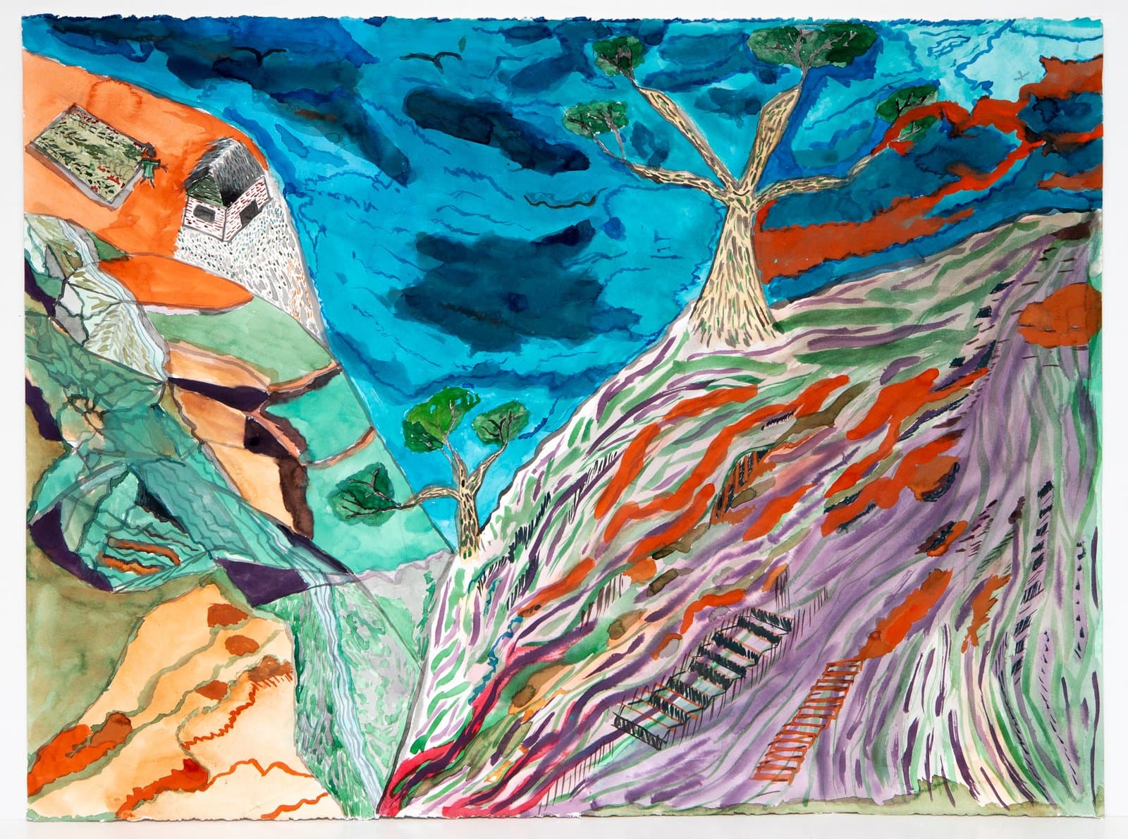 Watercolor landscape with sweeping hillsides in purple and orange, a large tree, stormy teal sky, and staircases on paper.