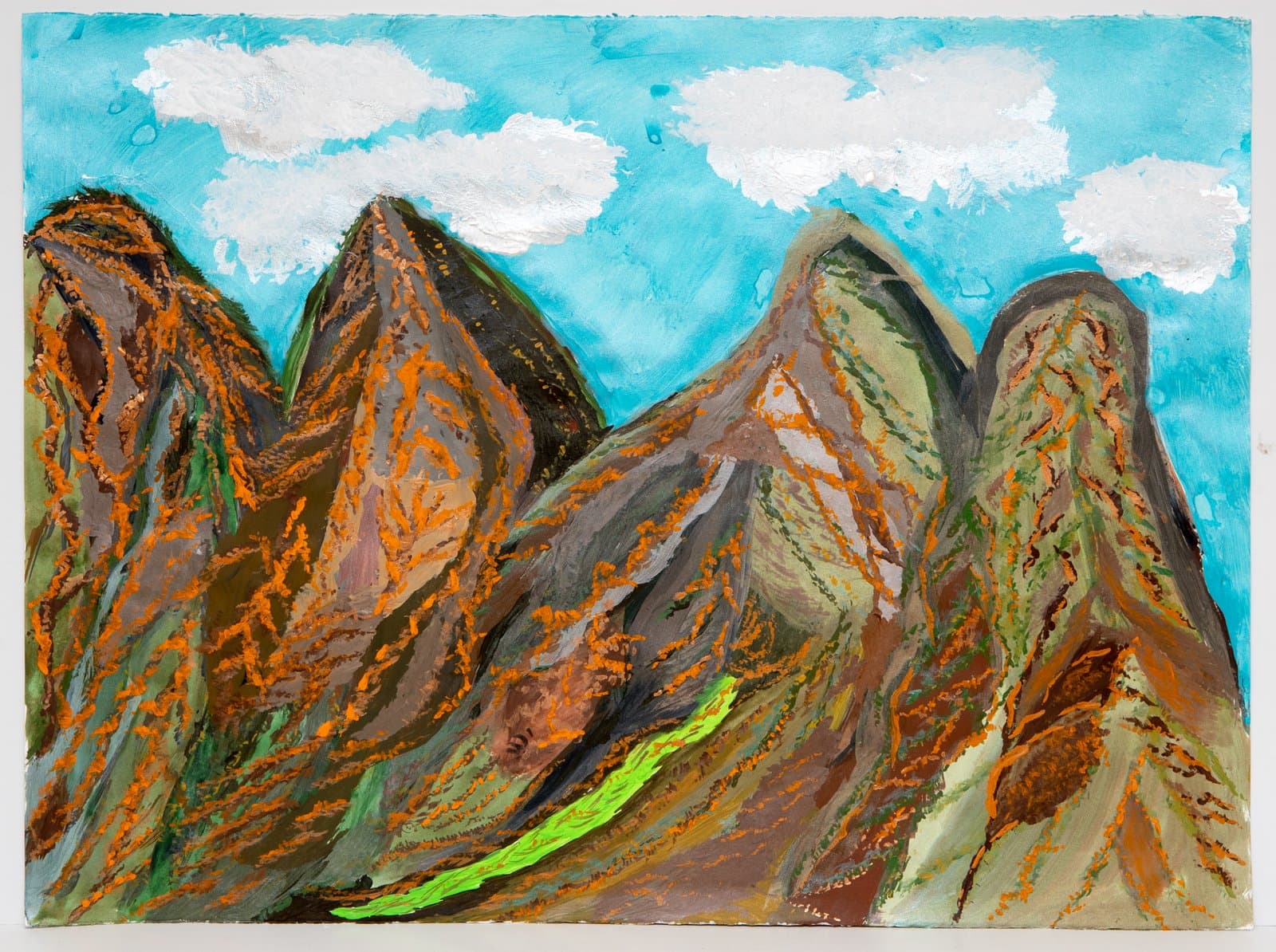 Acrylic landscape painting of jagged mountain peaks in brown and orange with a bright turquoise sky and white clouds.