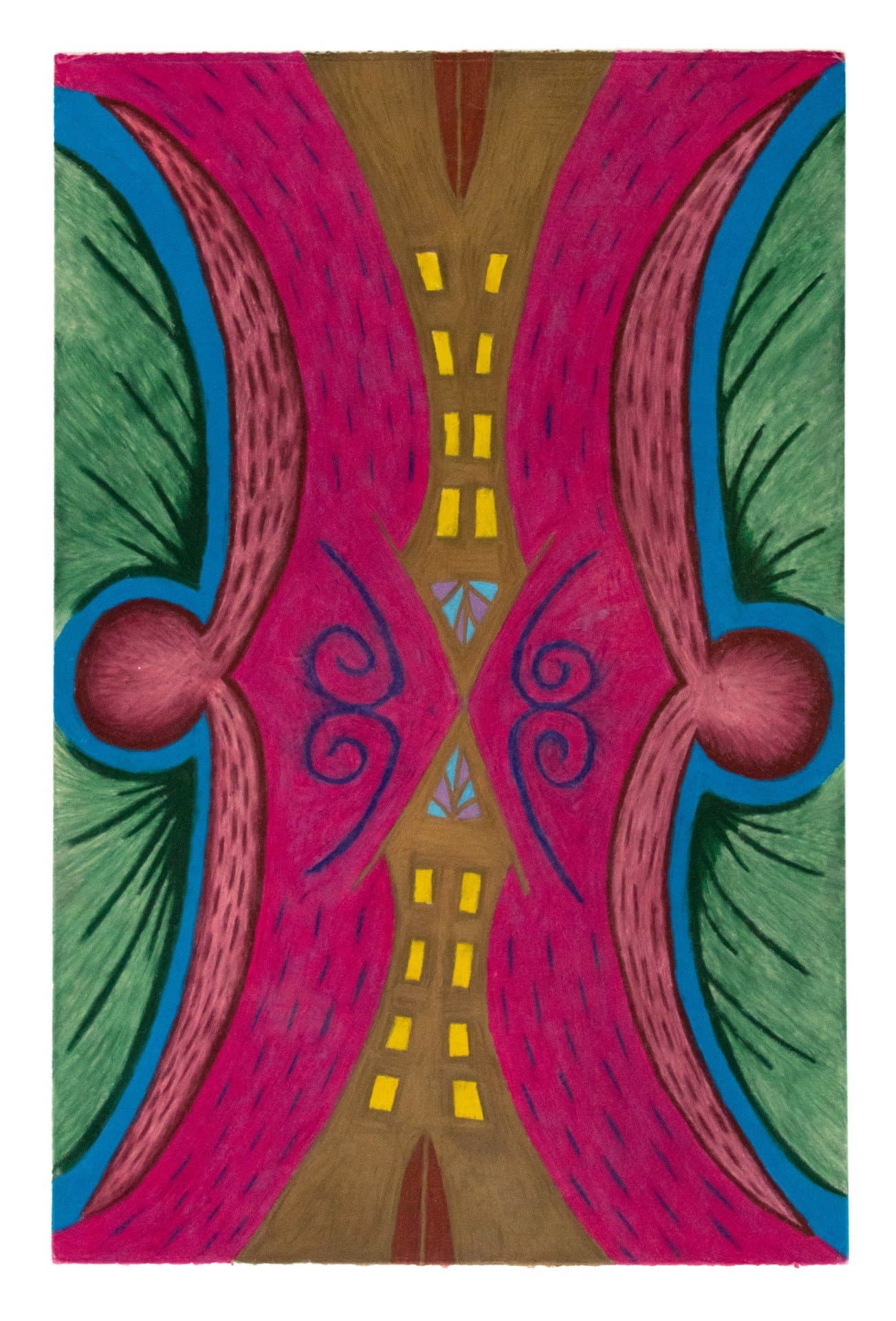 Colored pencil drawing with symmetrical design featuring magenta curved forms, green wing-like shapes, and brown center