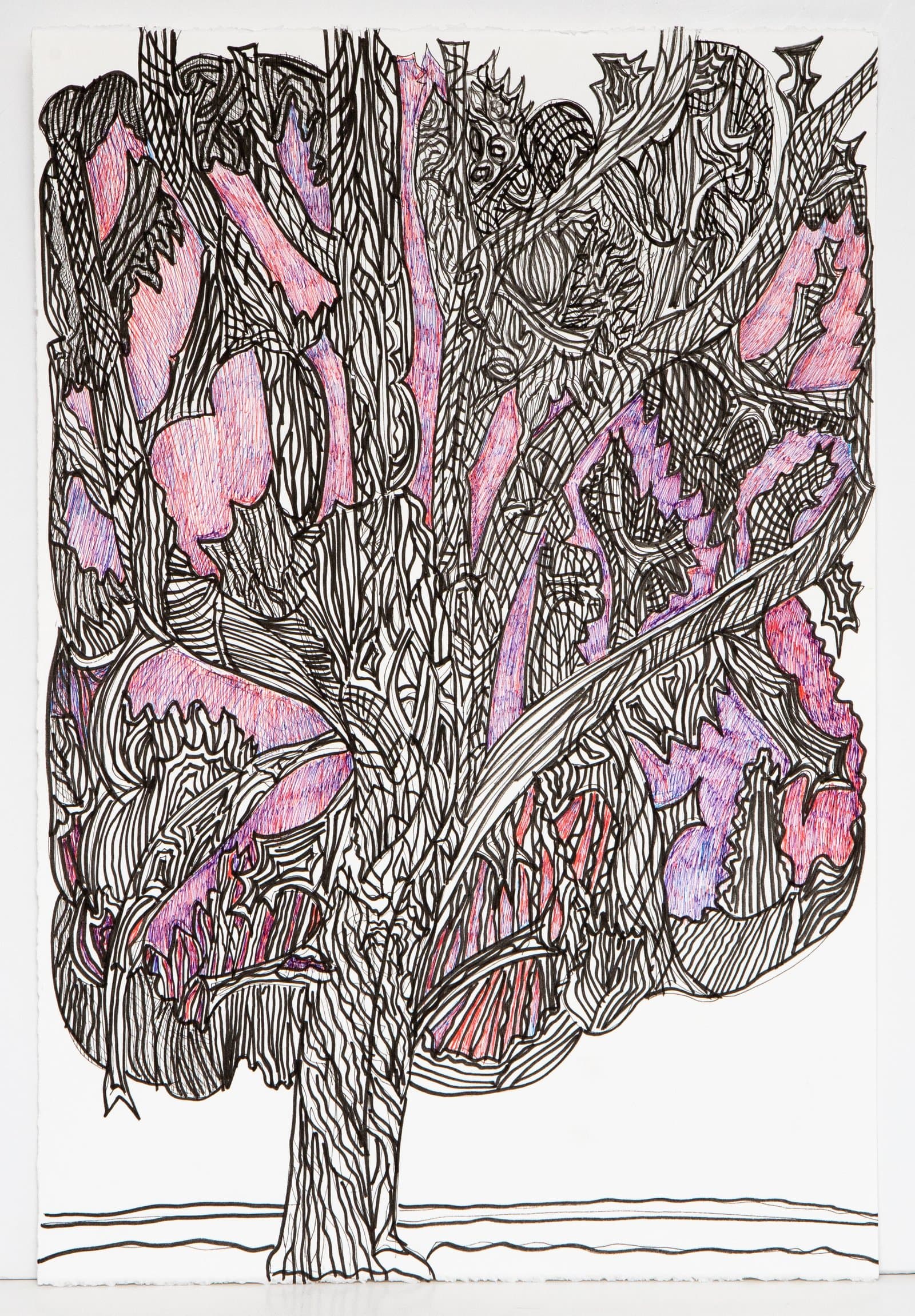 Dense pen drawing of a large tree with a full canopy filled with pink and purple organic forms on white paper.