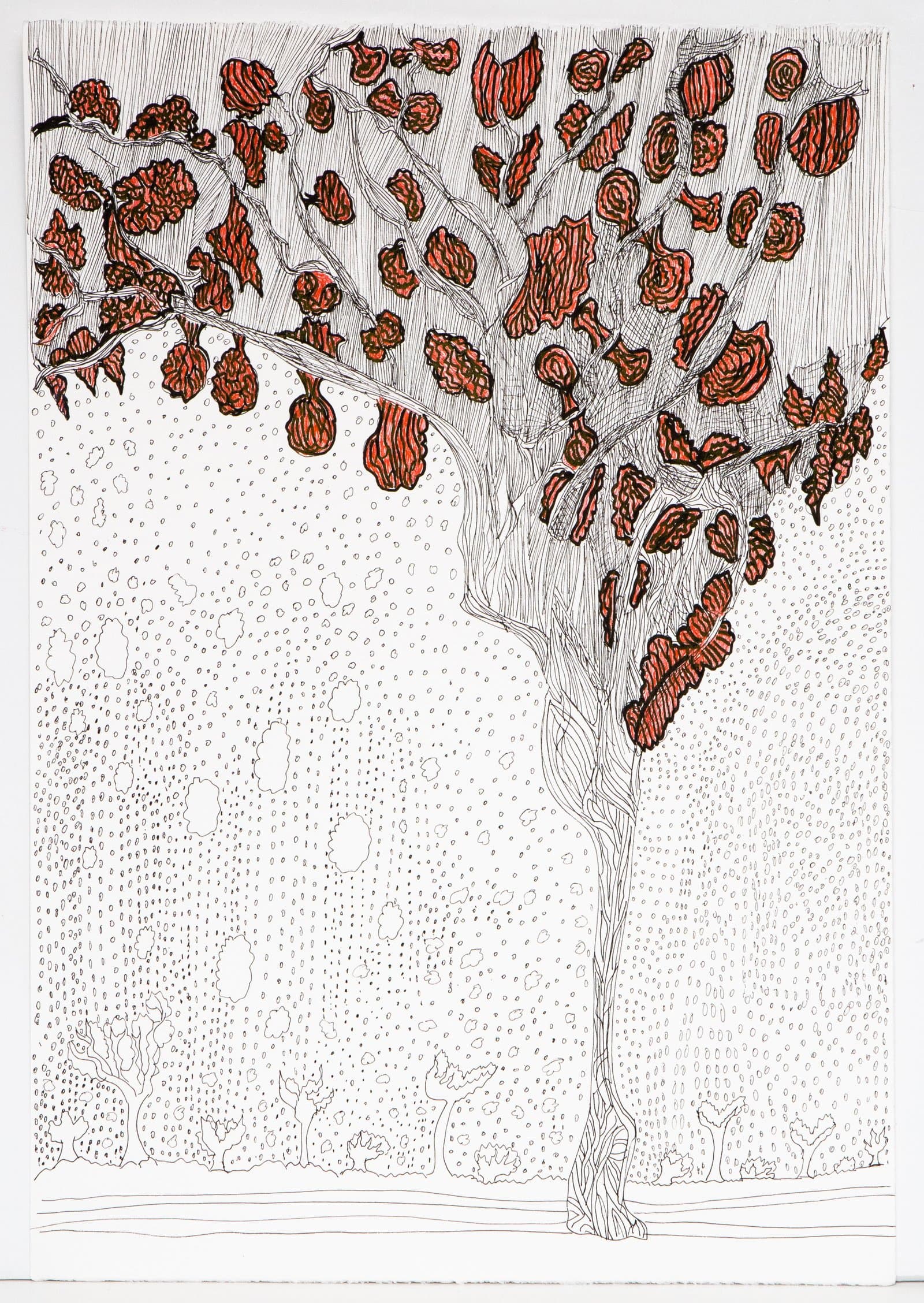 Pen on paper drawing of a large tree with red-filled leaf clusters and dense black linework on white paper.