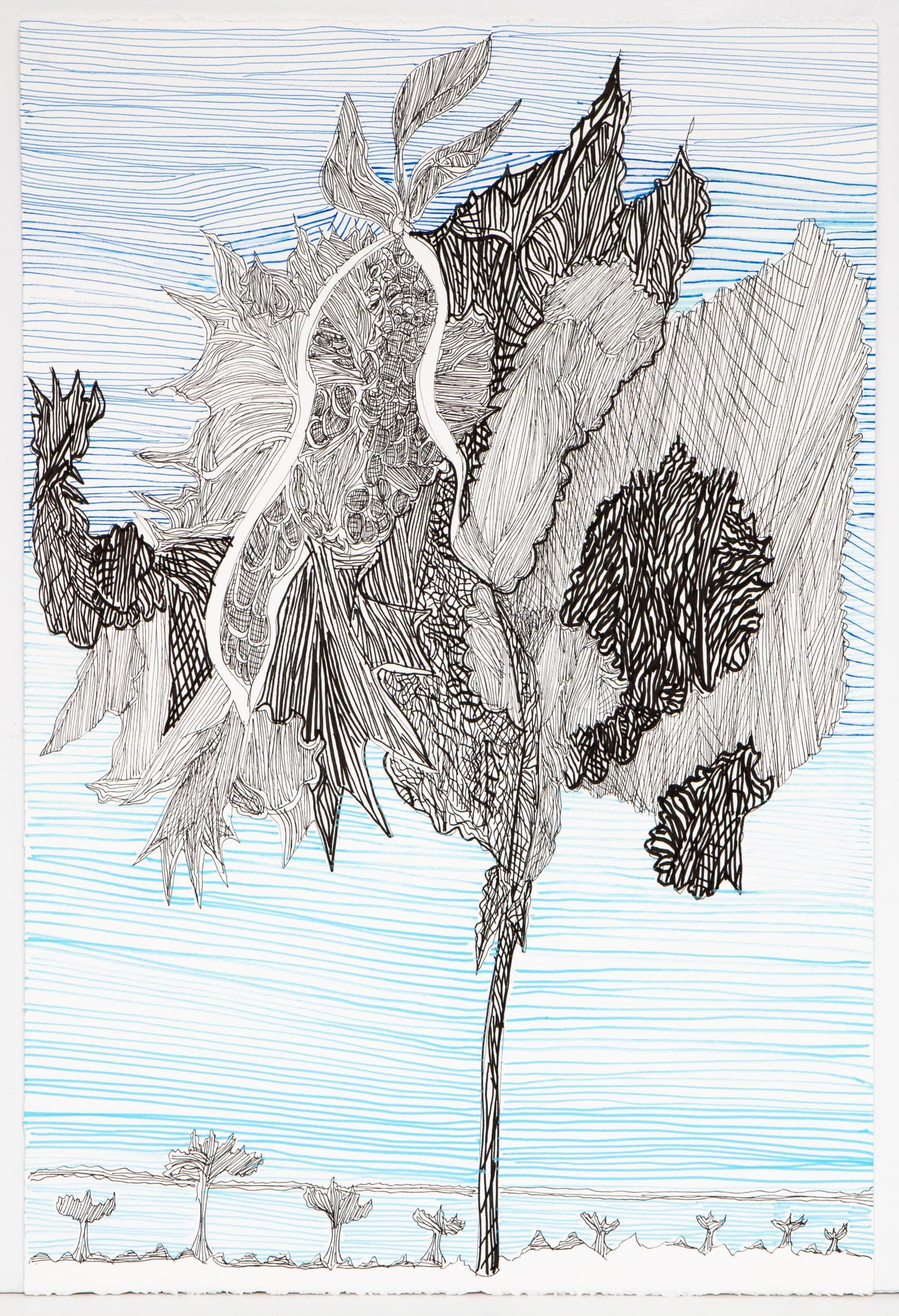Pen drawing of a large, highly detailed tree with dense hatching, set against a blue horizontally lined background on white paper.