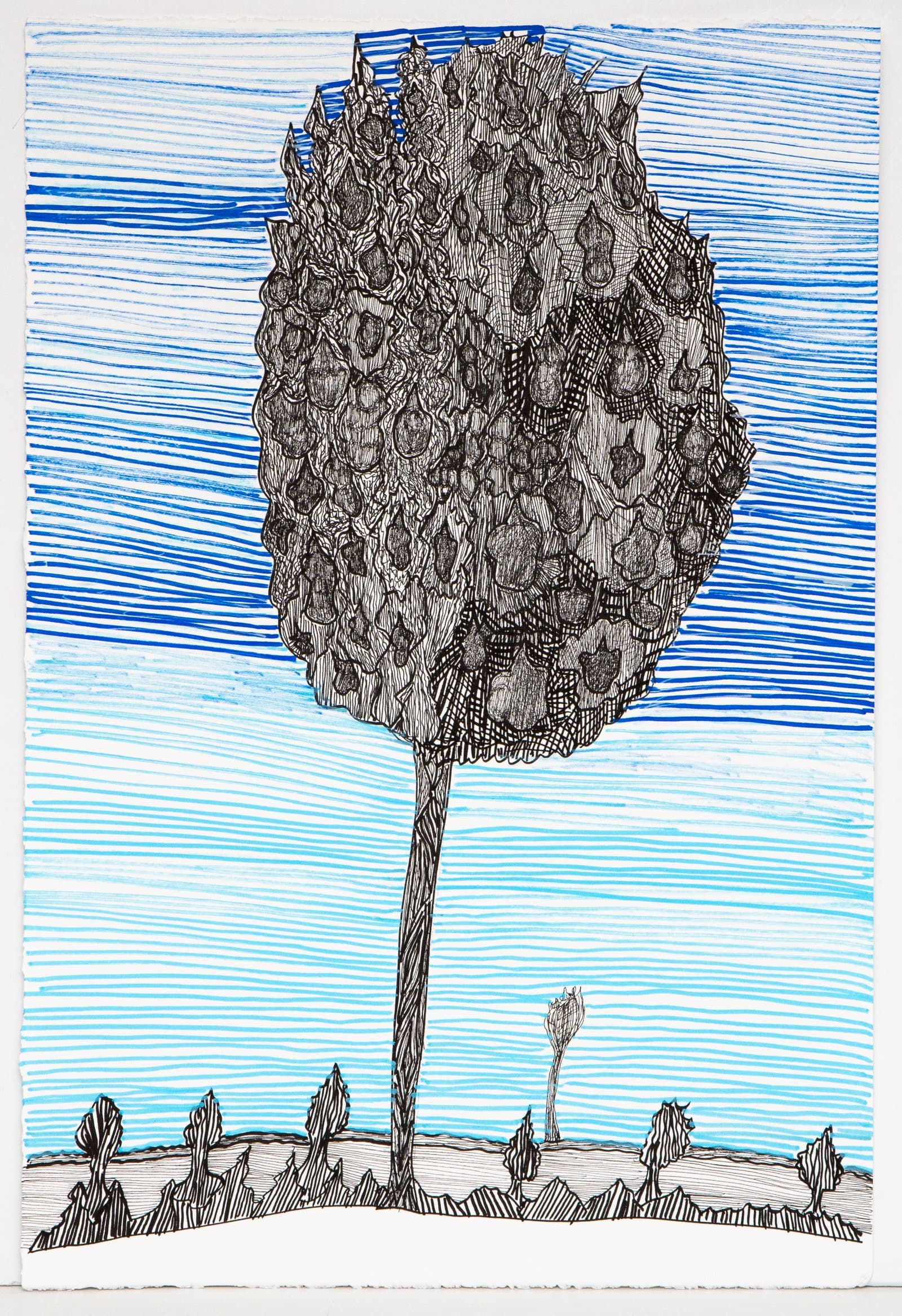 Pen drawing of a large, densely detailed tree with a round canopy against a blue horizontally striped background on white paper.