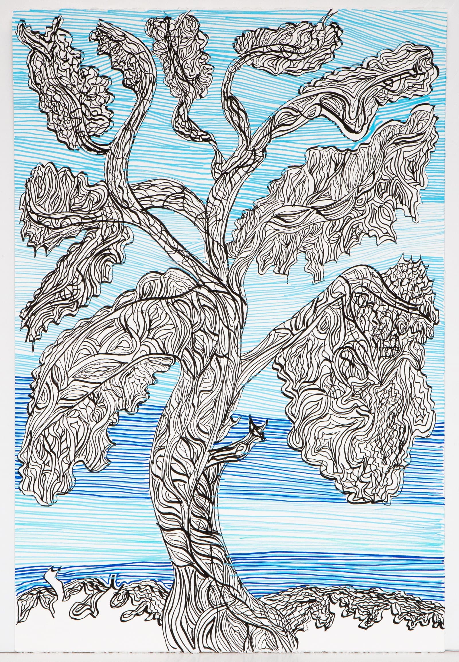Pen drawing of a large tree with intricate swirling line work against a blue horizontally striped background on white paper.