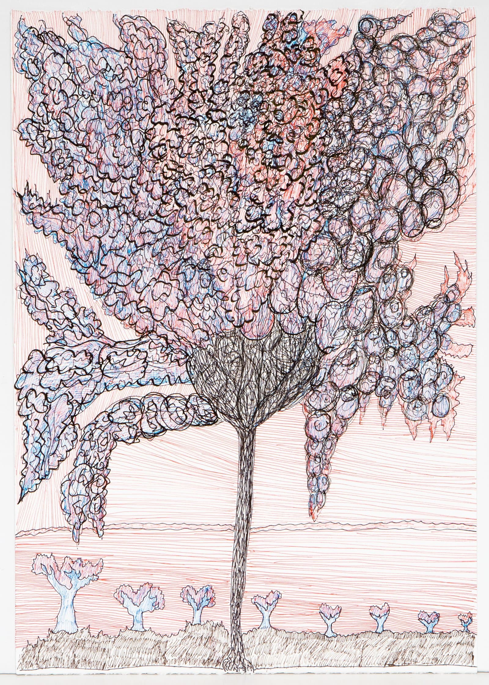Pen drawing of a large tree with densely drawn circular foliage in pink, blue, and black, with smaller trees in the background.