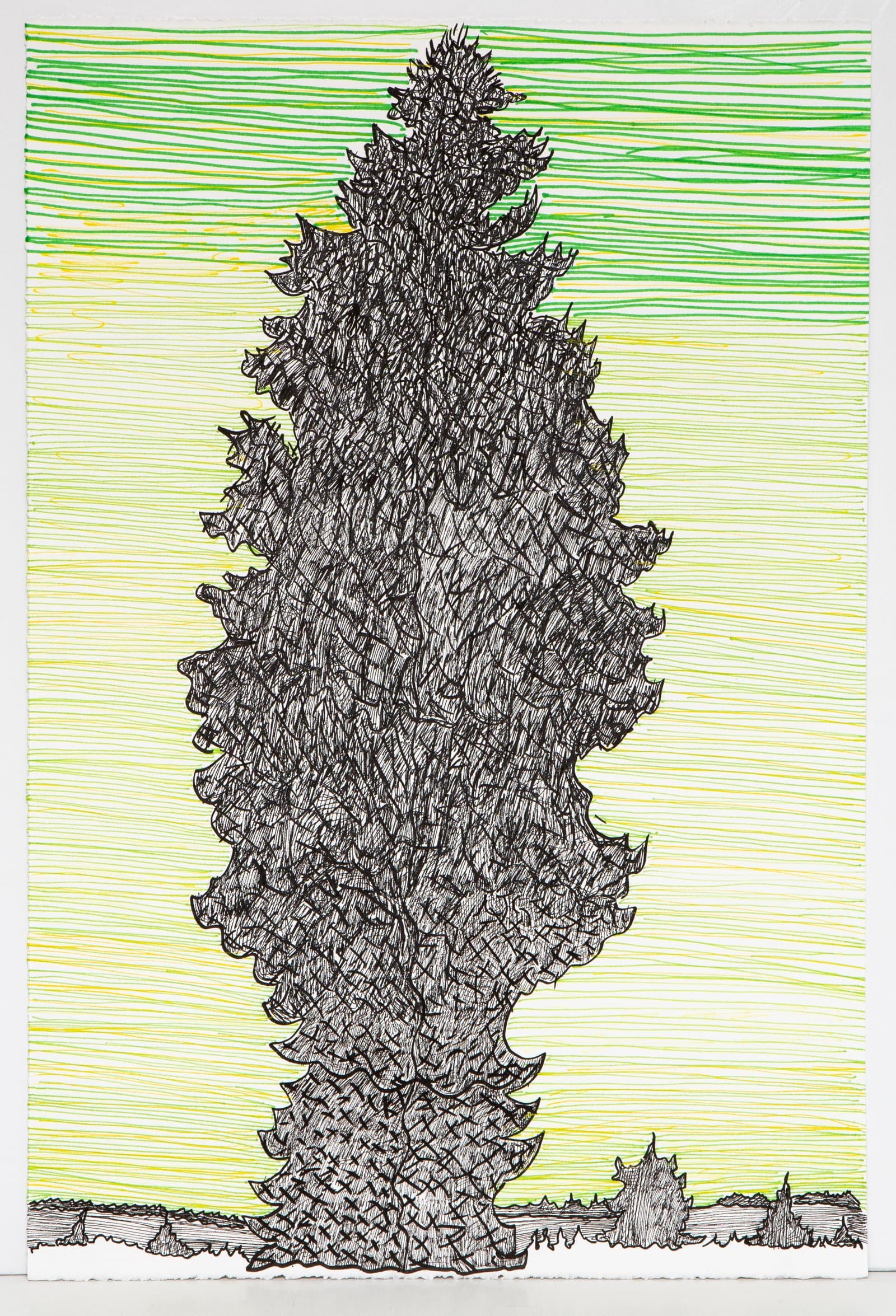 Pen drawing of a tall, densely textured conifer tree centered on paper with horizontal yellow and green line background.