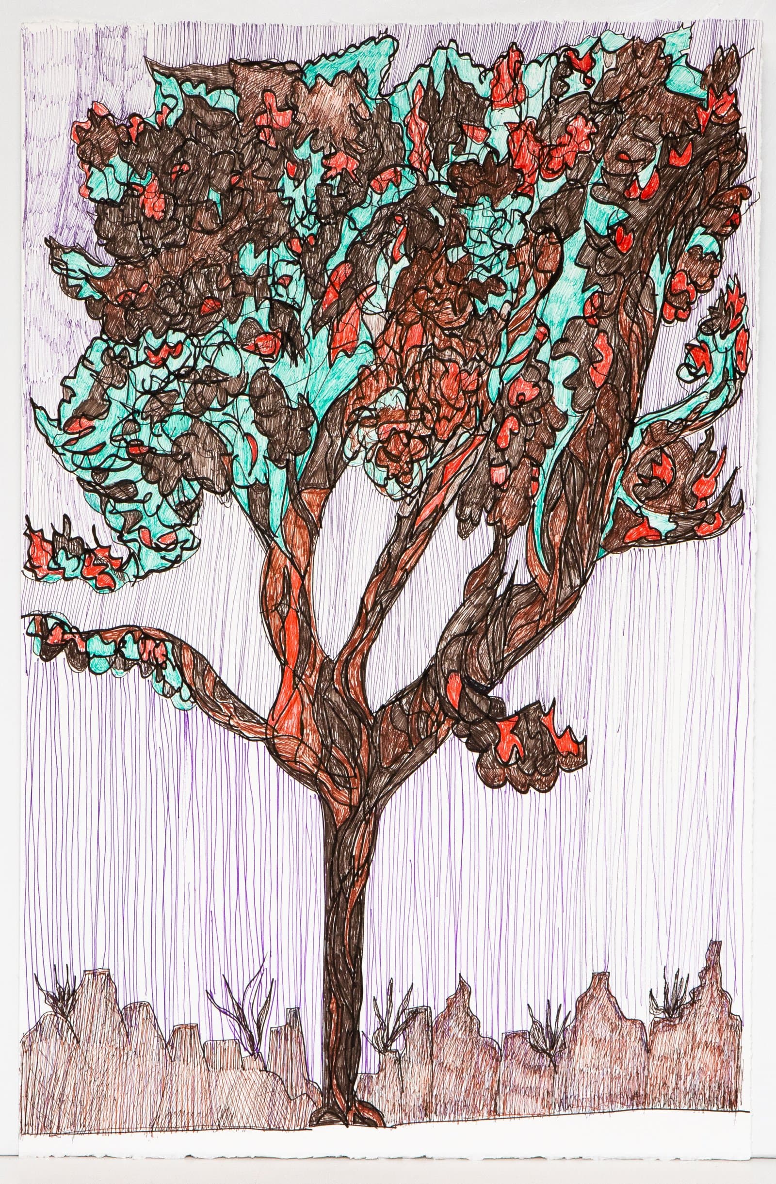 Pen drawing of a large tree with turquoise foliage and coral-red accents, brown trunk, against a purple-lined background.