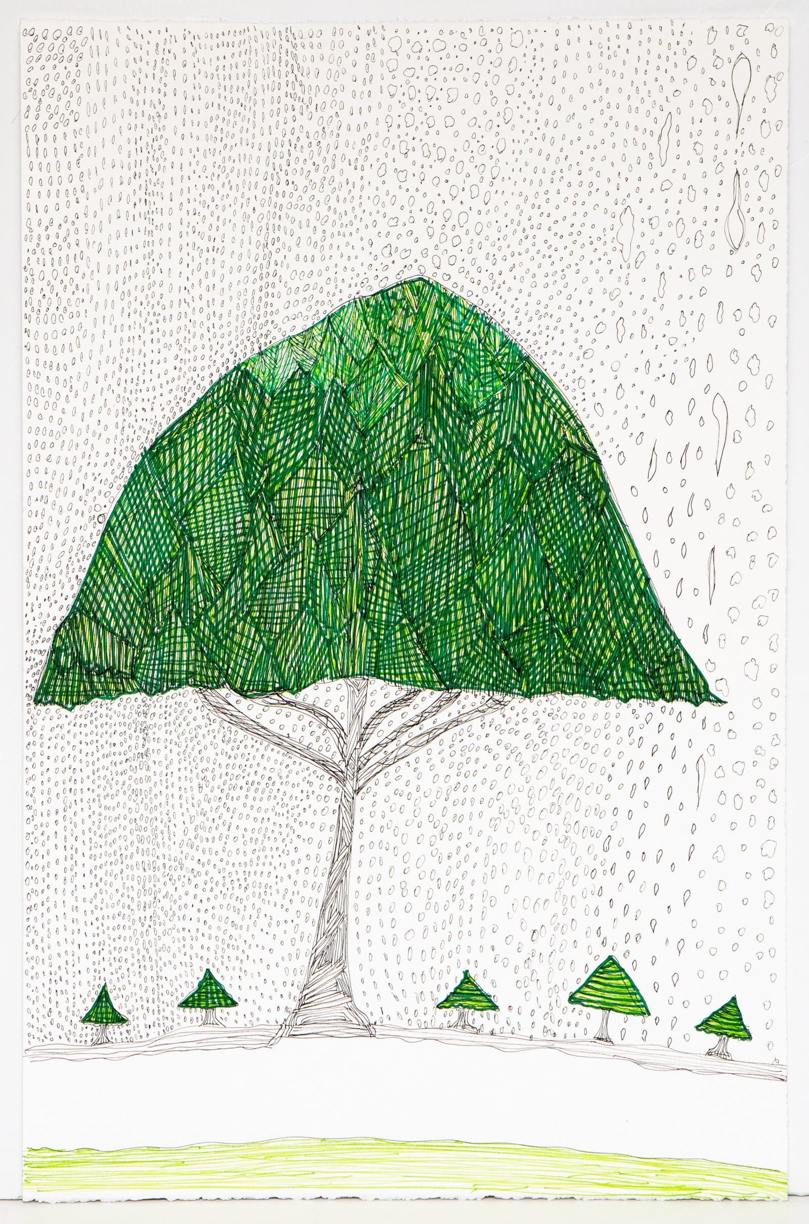 Pen drawing of a large green tree with dense crosshatching, flanked by small triangular trees, on a white background filled with oval marks.