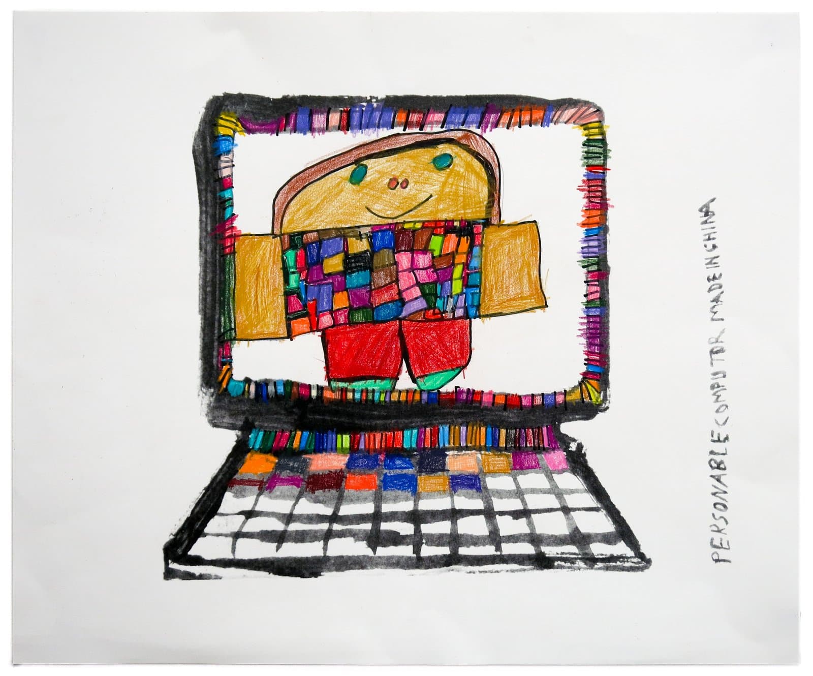 Colored pencil and silkscreen drawing of a smiling figure inside a laptop computer, with multicolored patchwork details on white paper.