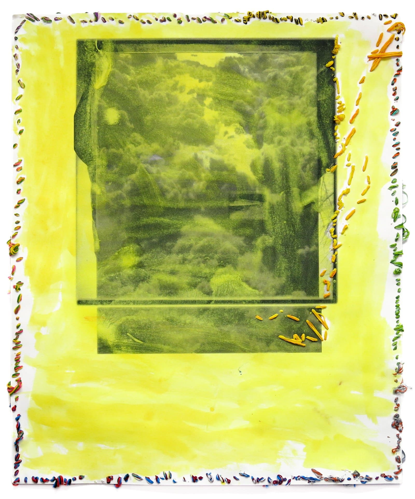 Mixed media work on paper featuring a green photographic landscape image centered on a yellow-washed background with colorful small marks along the border.
