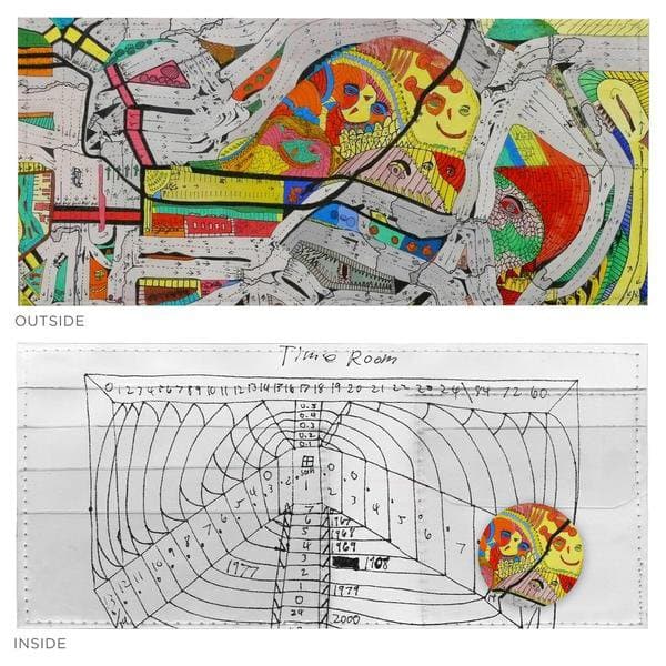 Two-sided artist wallet: outside with vivid multicolor figures and patterns; inside with pen-drawn tunnel labeled 'Time Room' with numbers.