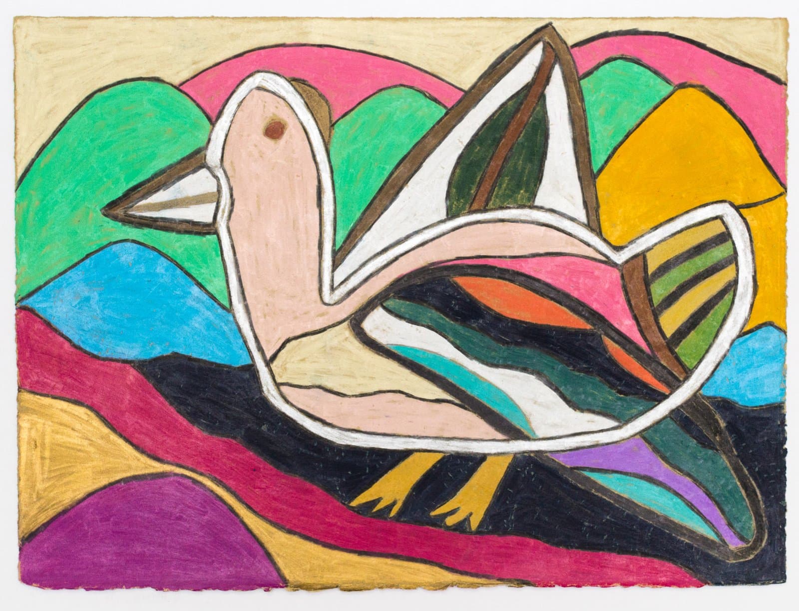 Colored pencil and ink drawing of a stylized bird in flight against a landscape of bold, undulating colorful hills.