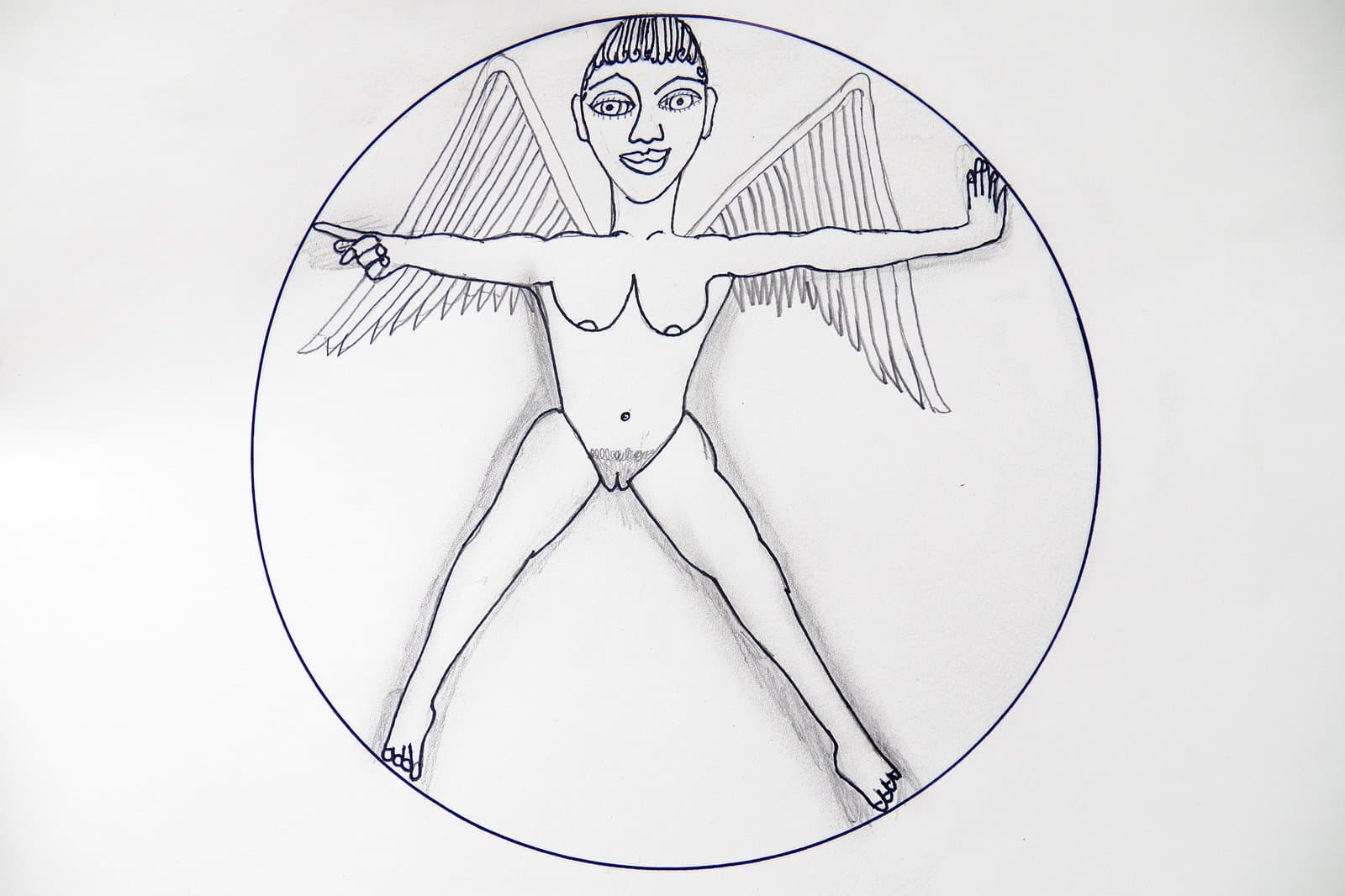 Ink and pencil drawing of a winged nude female figure with arms outstretched, centered within a blue circle on white paper.