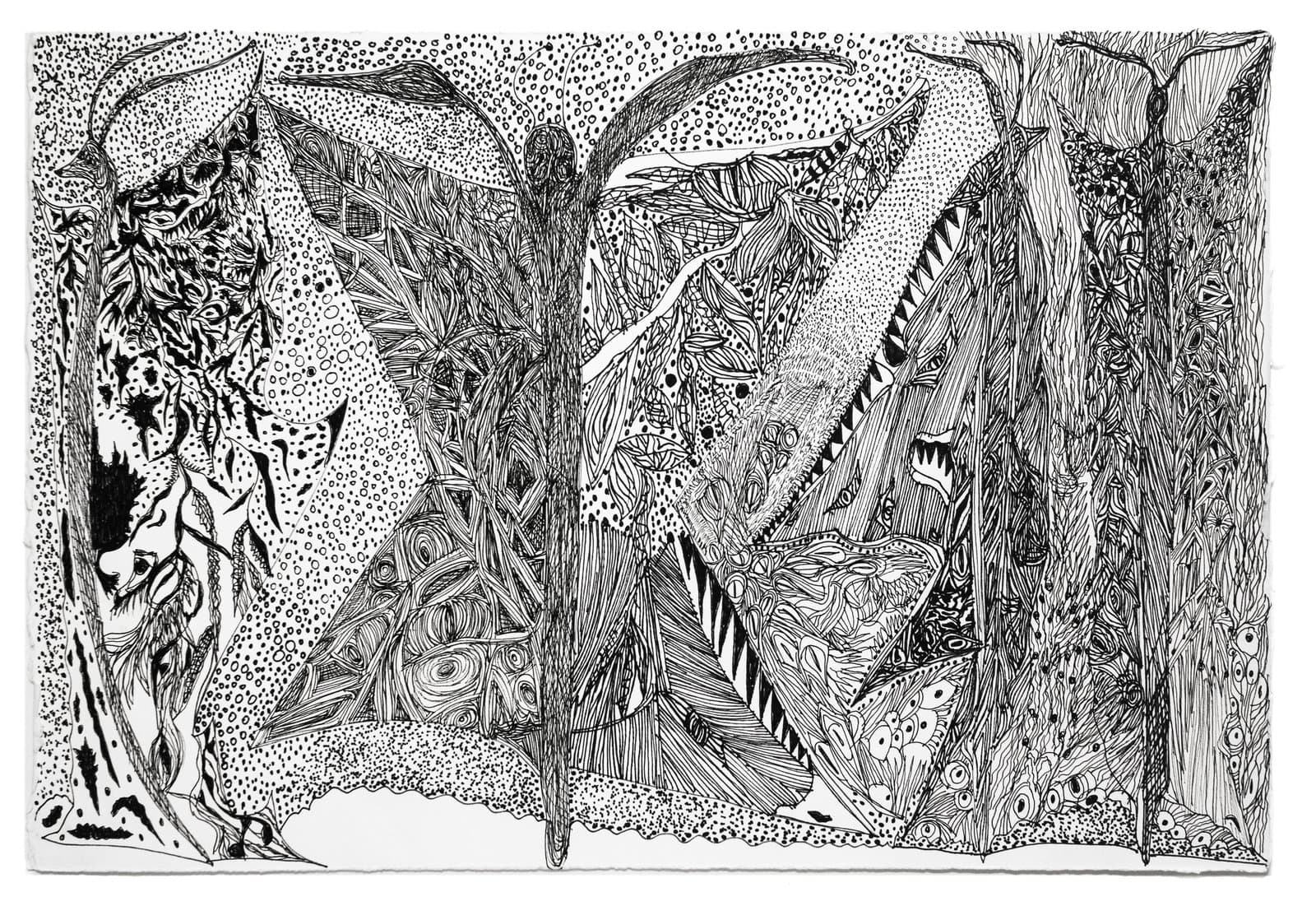 Dense black ink drawing on white paper featuring a central winged figure surrounded by intricate organic and geometric patterns.