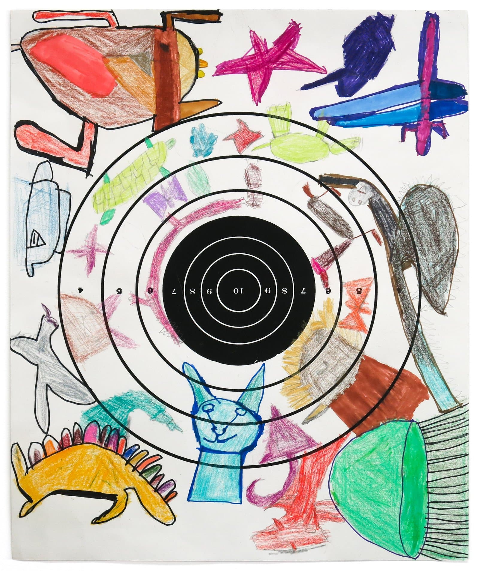 Colored pencil and ink drawing with a printed bullseye target at center, surrounded by animals and figures on white paper.
