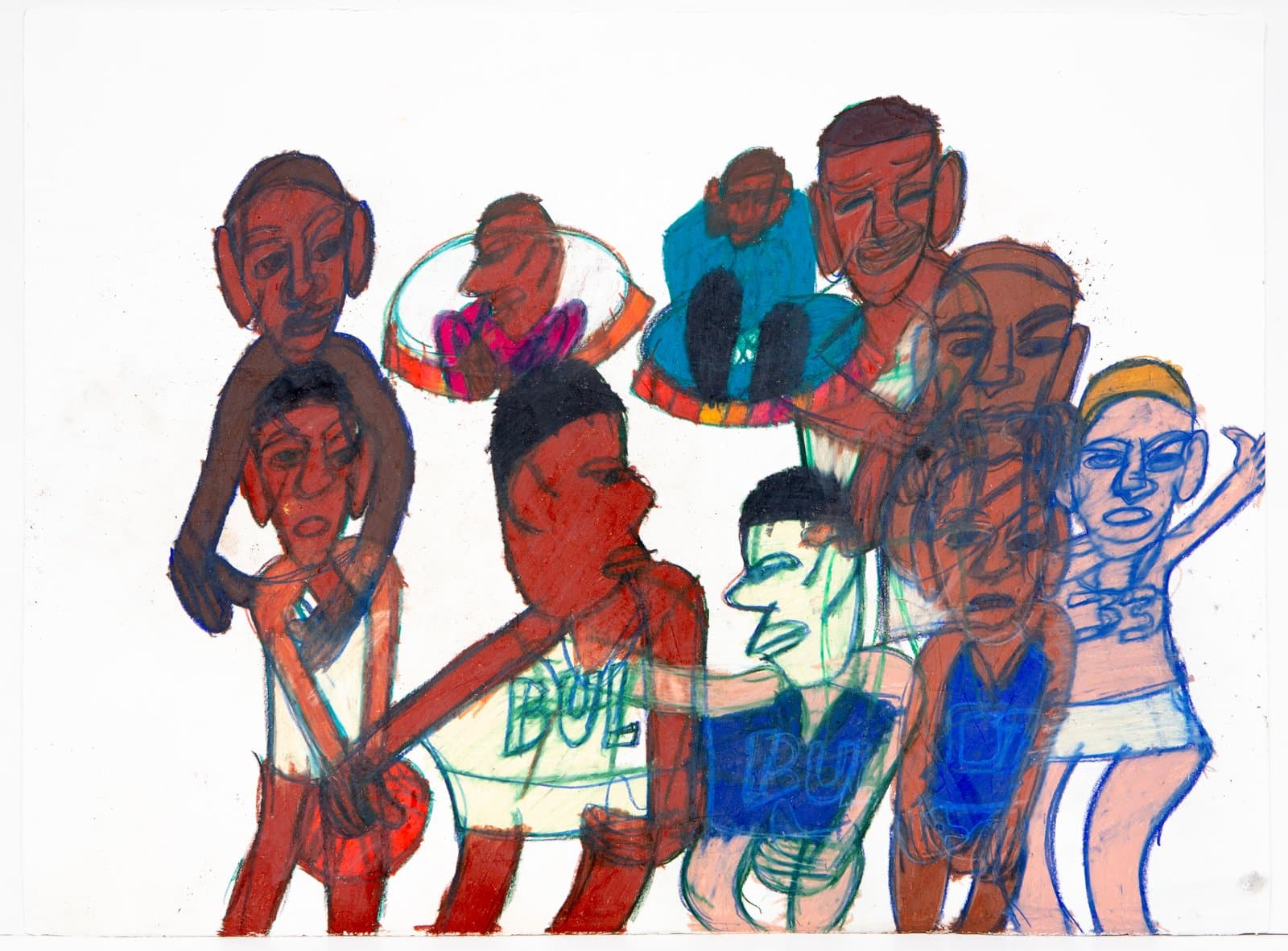 Drawing of overlapping human figures in red, blue, and brown Artstix on white paper, with text reading 'BUL' visible.