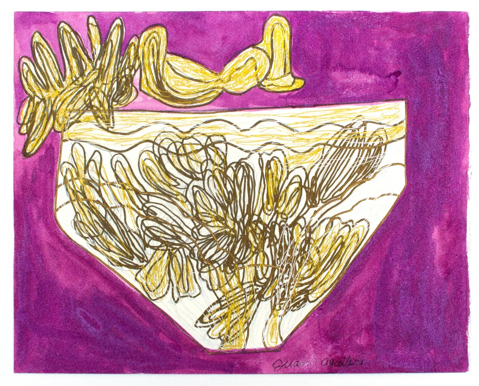 Mixed-media drawing of a bowl filled with dense looping forms in yellow and brown ink on a vivid magenta background.