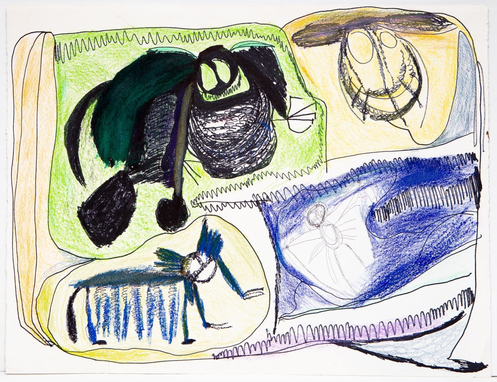 Drawing in ink and colored pencil featuring segmented panels with animal-like figures in black, green, blue, and yellow.