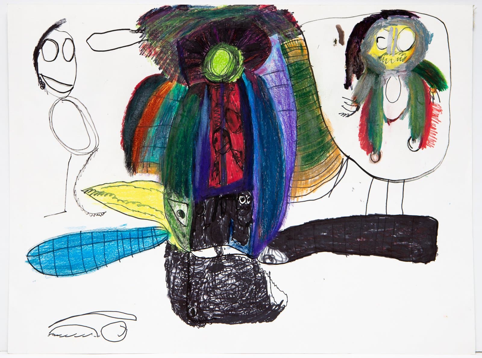 Mixed-media drawing with three figures in ink and colored pencil; a large colorful central form flanked by two simpler figures.