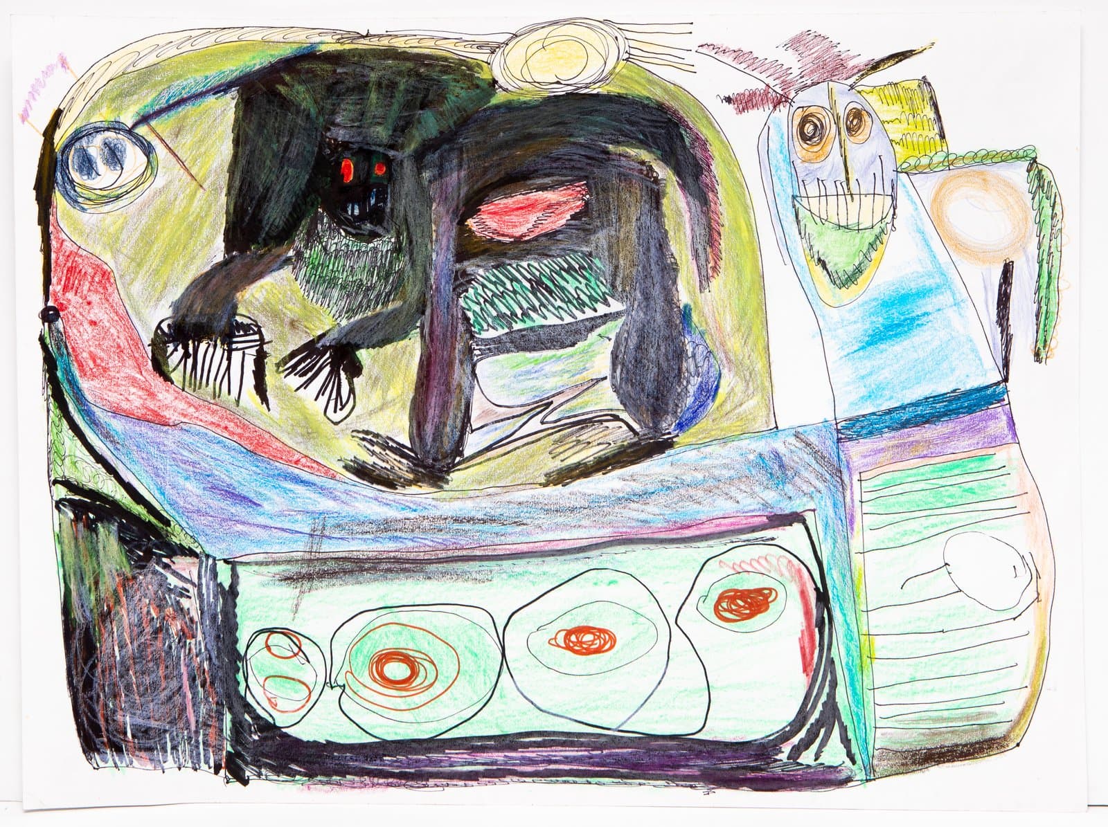 Ink and colored pencil drawing of a dark creature with red eyes inside a vehicle, with a grinning figure at right.