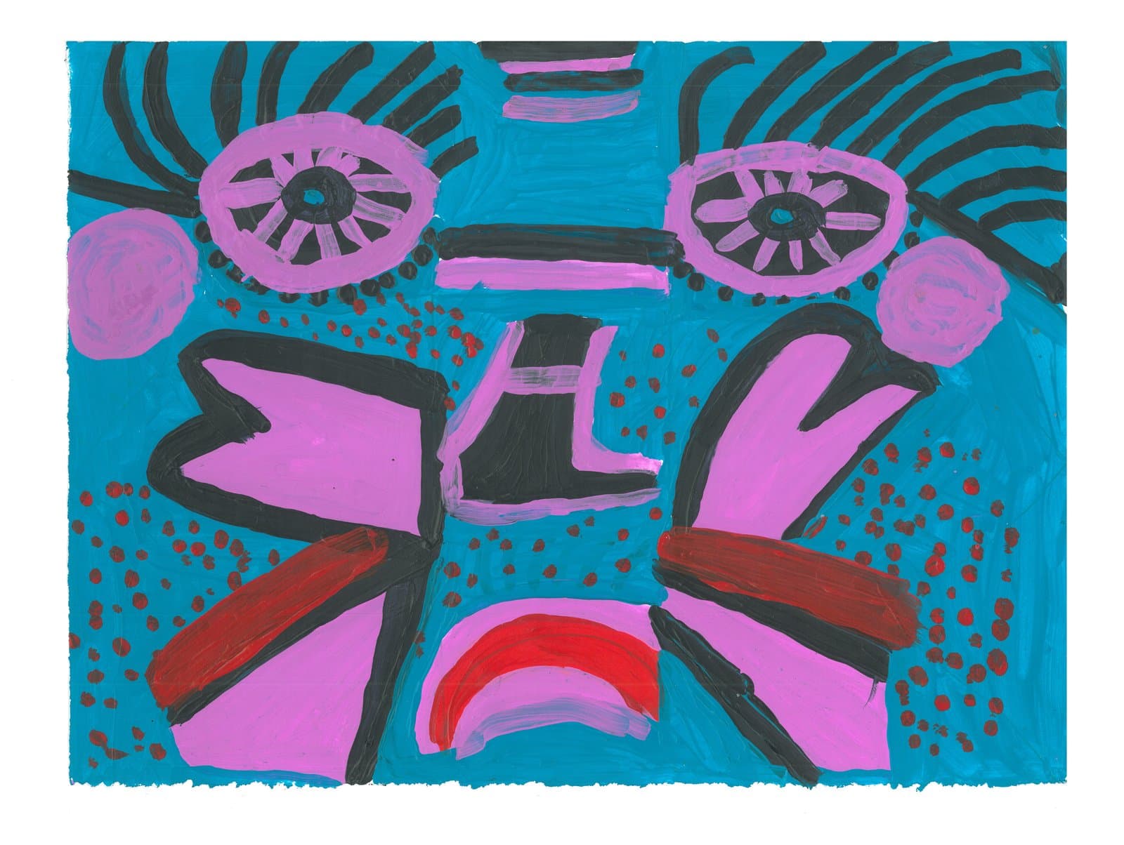 Abstract acrylic painting on paper with a bold face-like composition in pink, black, and red on bright blue.