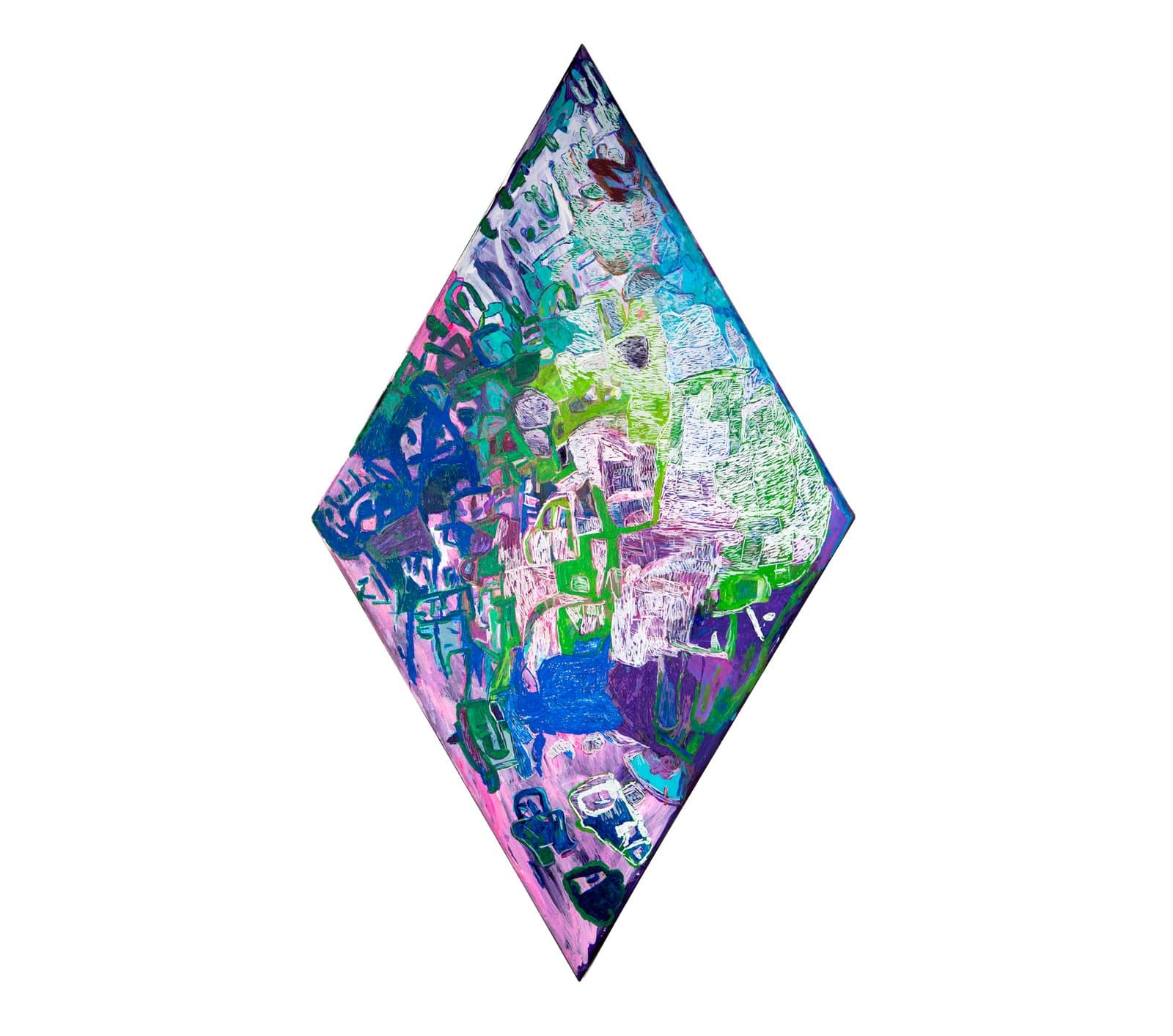 Abstract acrylic painting on a diamond-shaped canvas with layered forms in pink, green, blue, and purple.