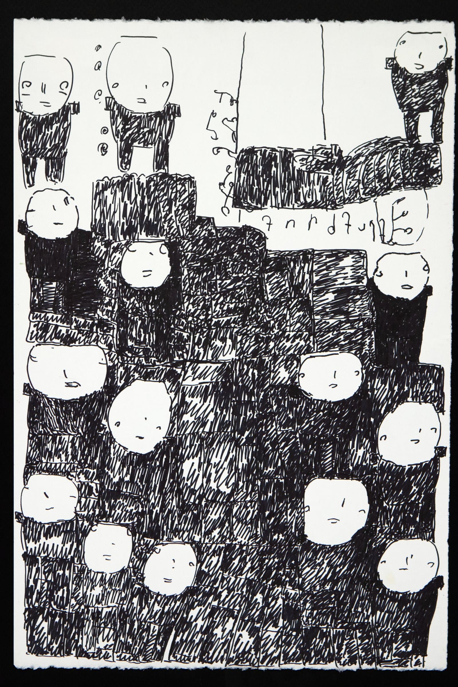 Black and white pen drawing featuring rows of simplified human figures with round white faces amid dense crosshatched black forms.