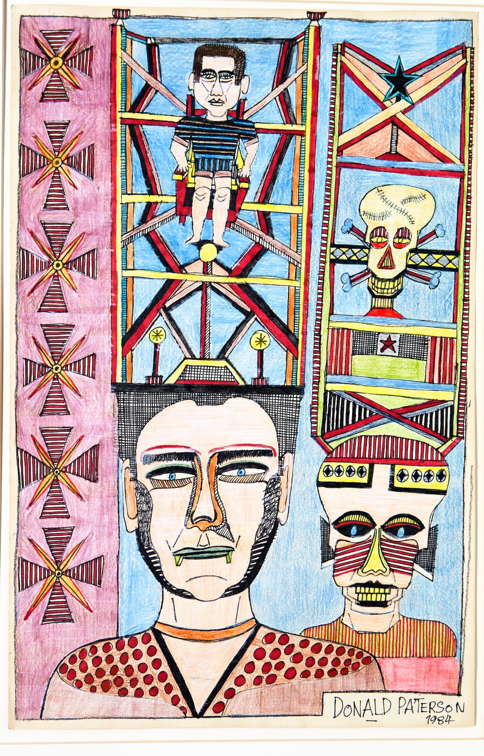 Colored pencil drawing with two large faces in the foreground, geometric structures, a seated figure, and a skull above.