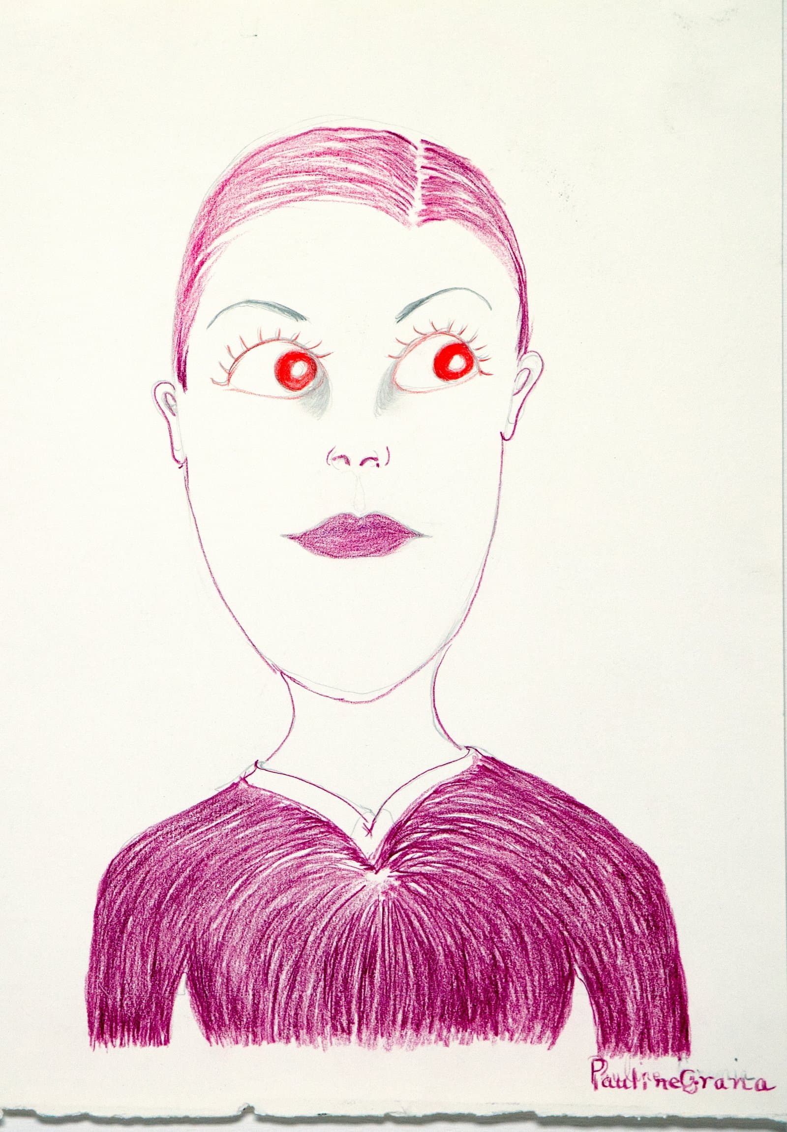 Portrait drawing of a figure with red eyes, pink hair, and a purple sweater, rendered in acrylic and graphite on white paper.