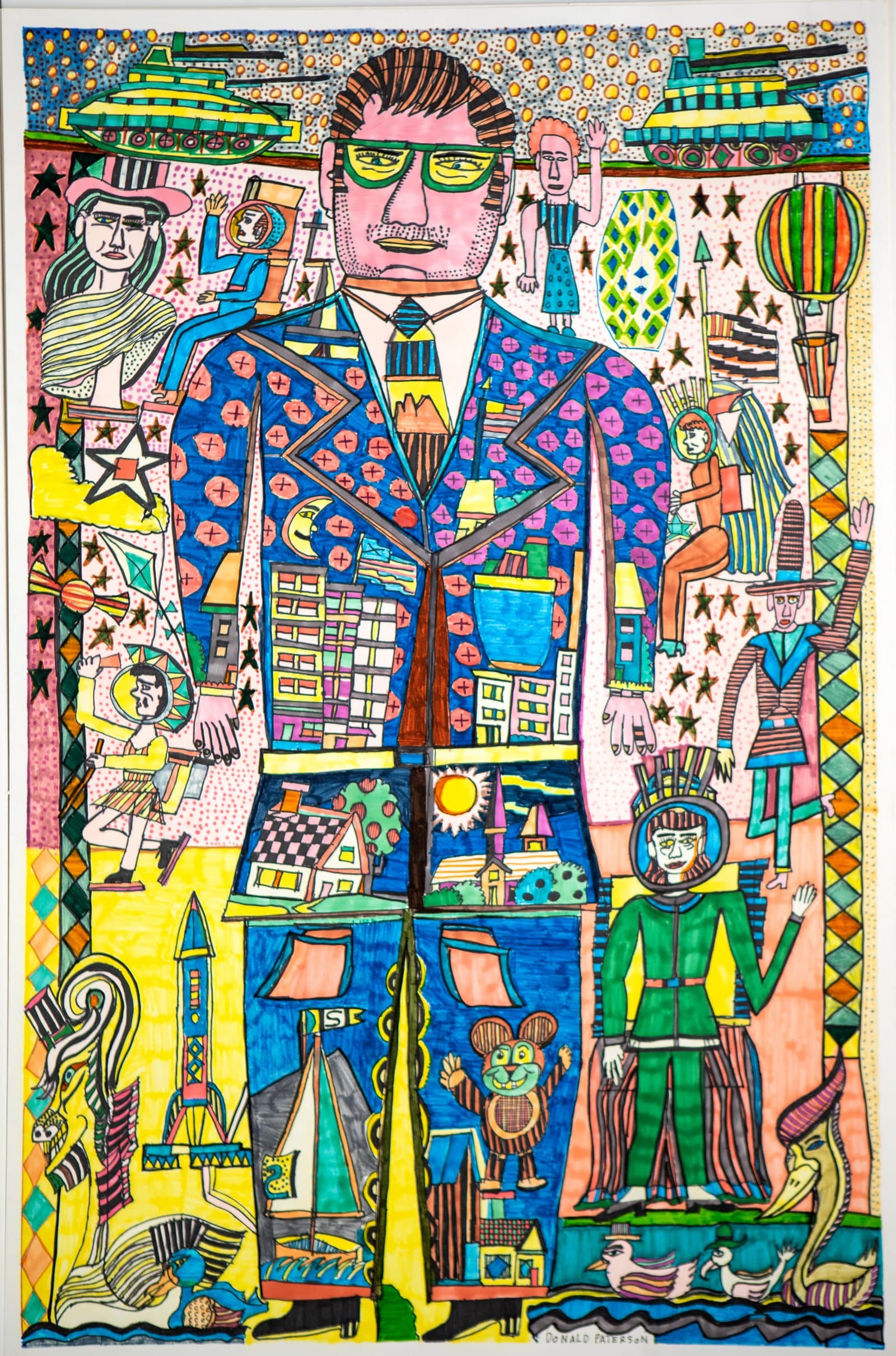 Densely detailed color pencil drawing of an oversized suited man filled with city scenes, surrounded by many smaller figures and patterns.