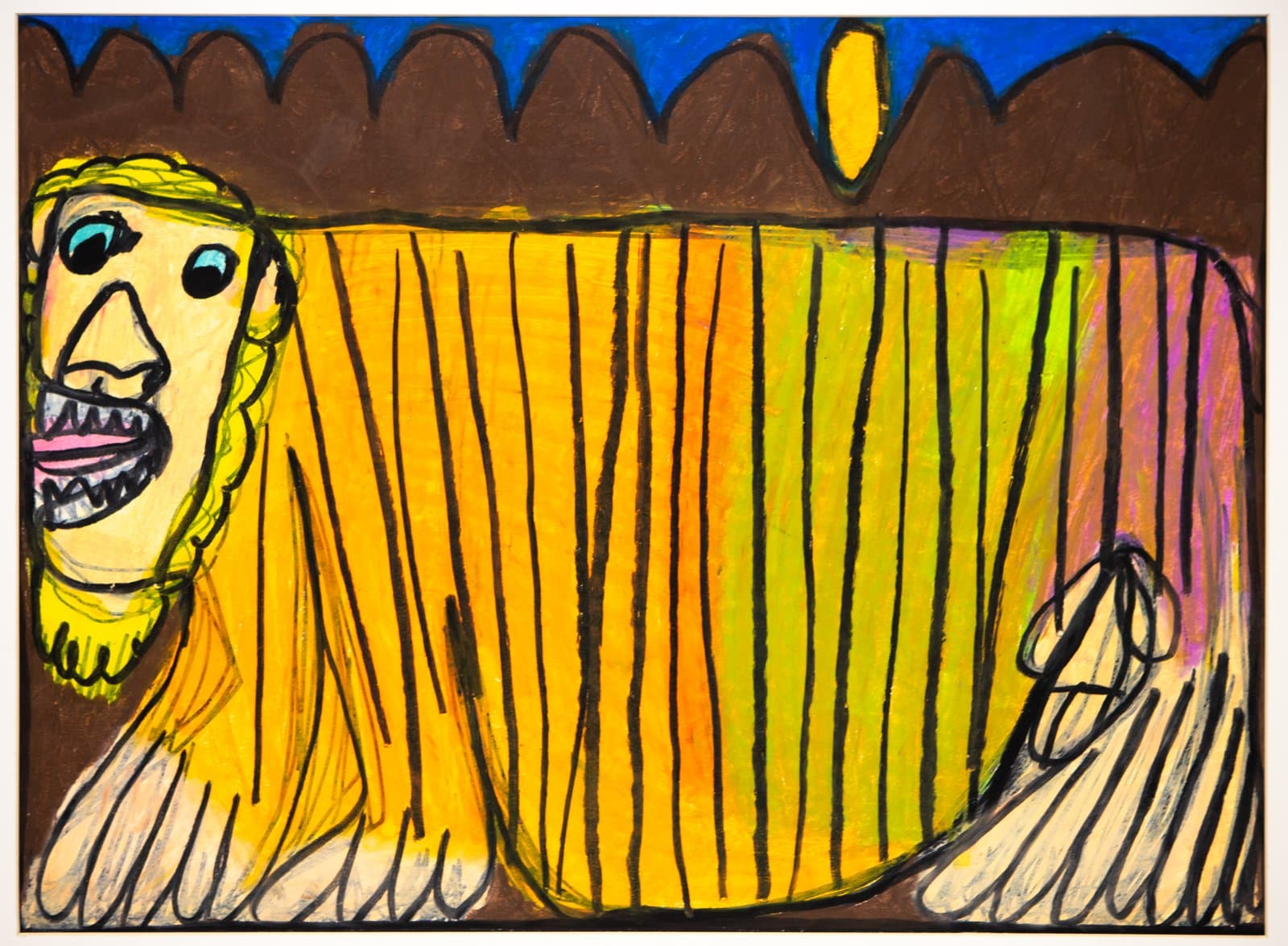 Bold drawing of a lion in yellow and orange with black stripes, teal eyes, and open mouth, on brown and blue background.