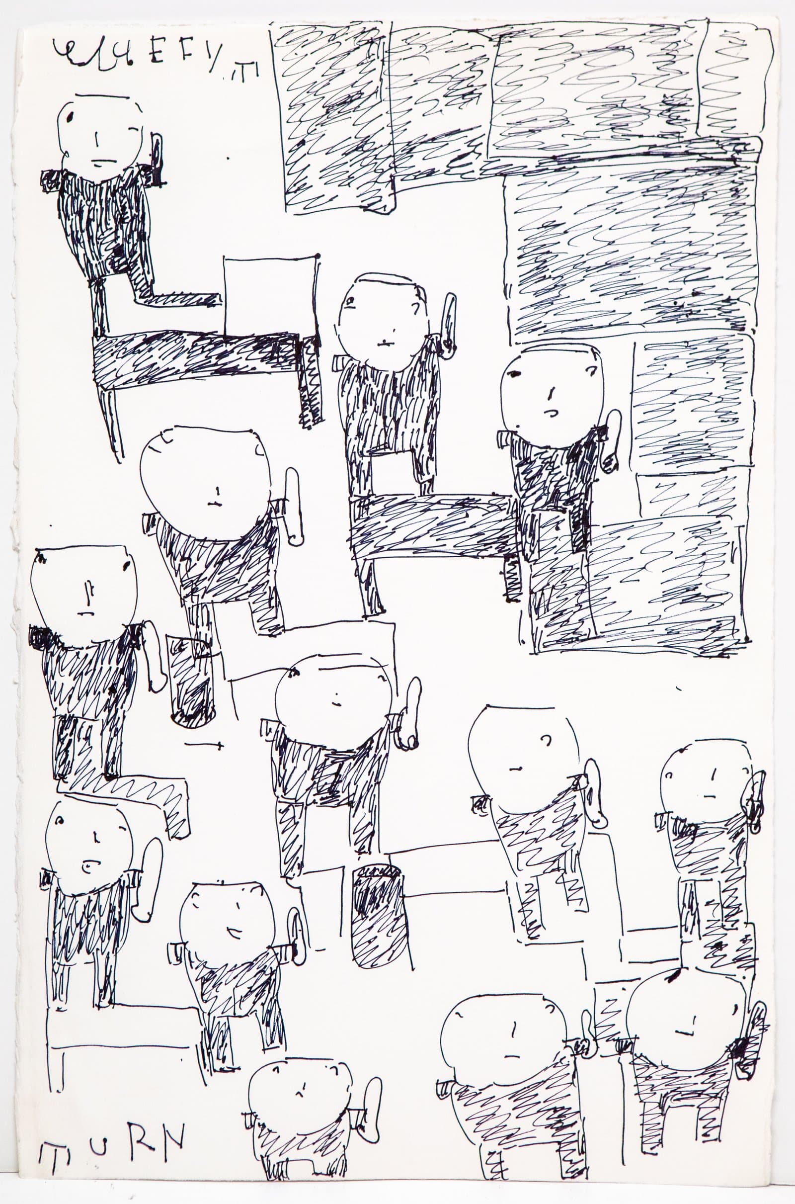 Pen drawing on white paper densely populated with simplified human figures, chairs, and hatched rectangular forms.