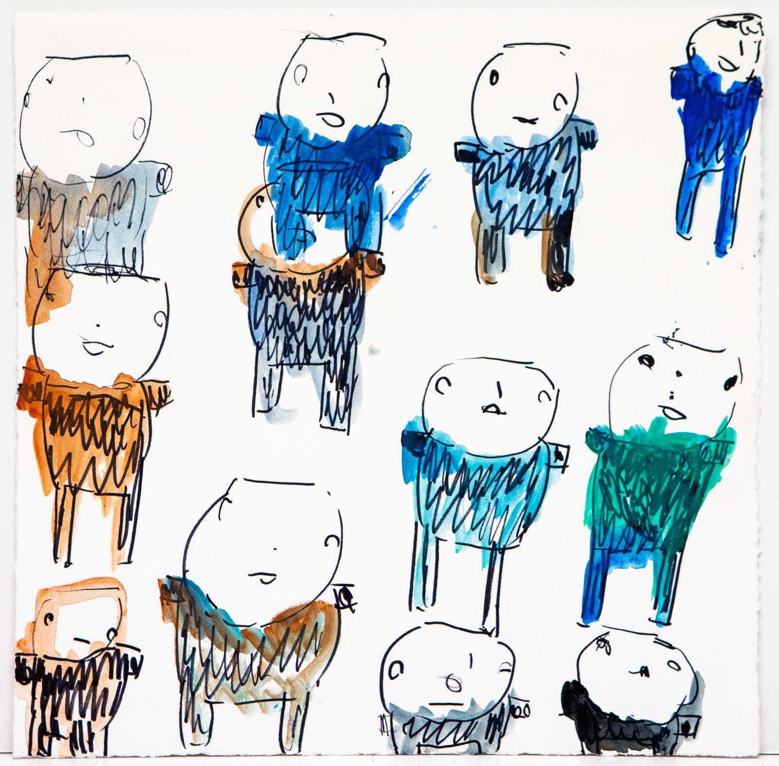 Mixed media drawing on paper featuring multiple small cartoon-like figures with round heads, rendered in ink and watercolor washes.