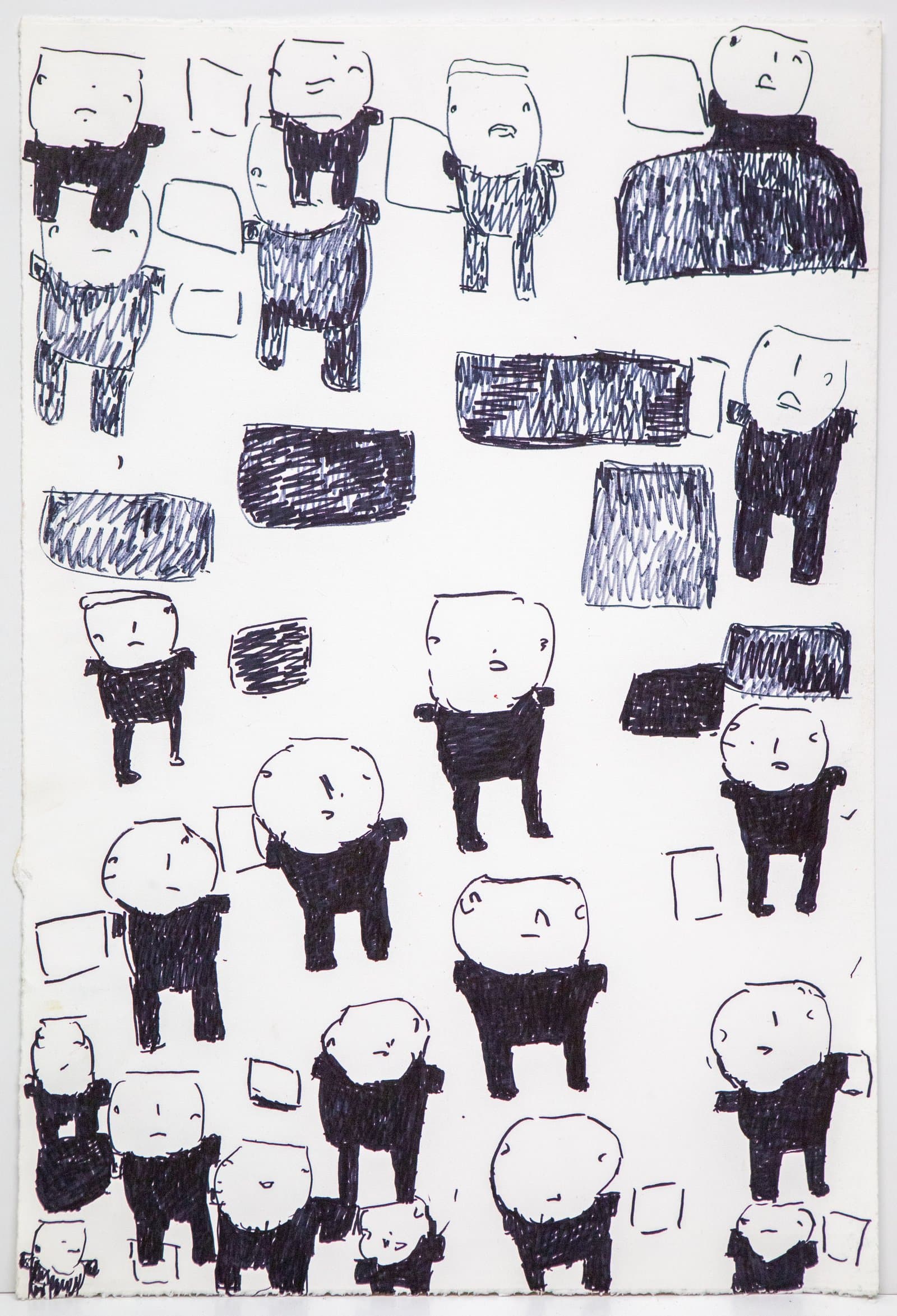 Pen drawing on white paper densely filled with simplified human figures and rectangular shapes in black ink.