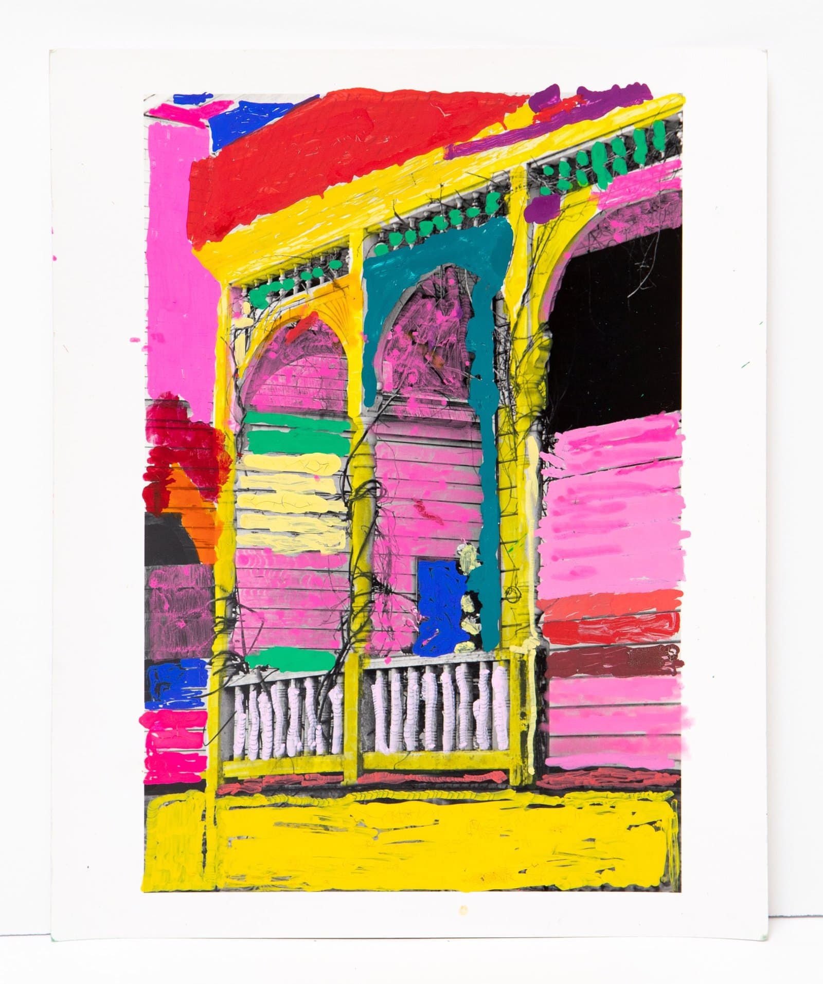 Mixed media artwork with acrylic paint over photograph showing architectural structure with arches and railings in bright colors.
