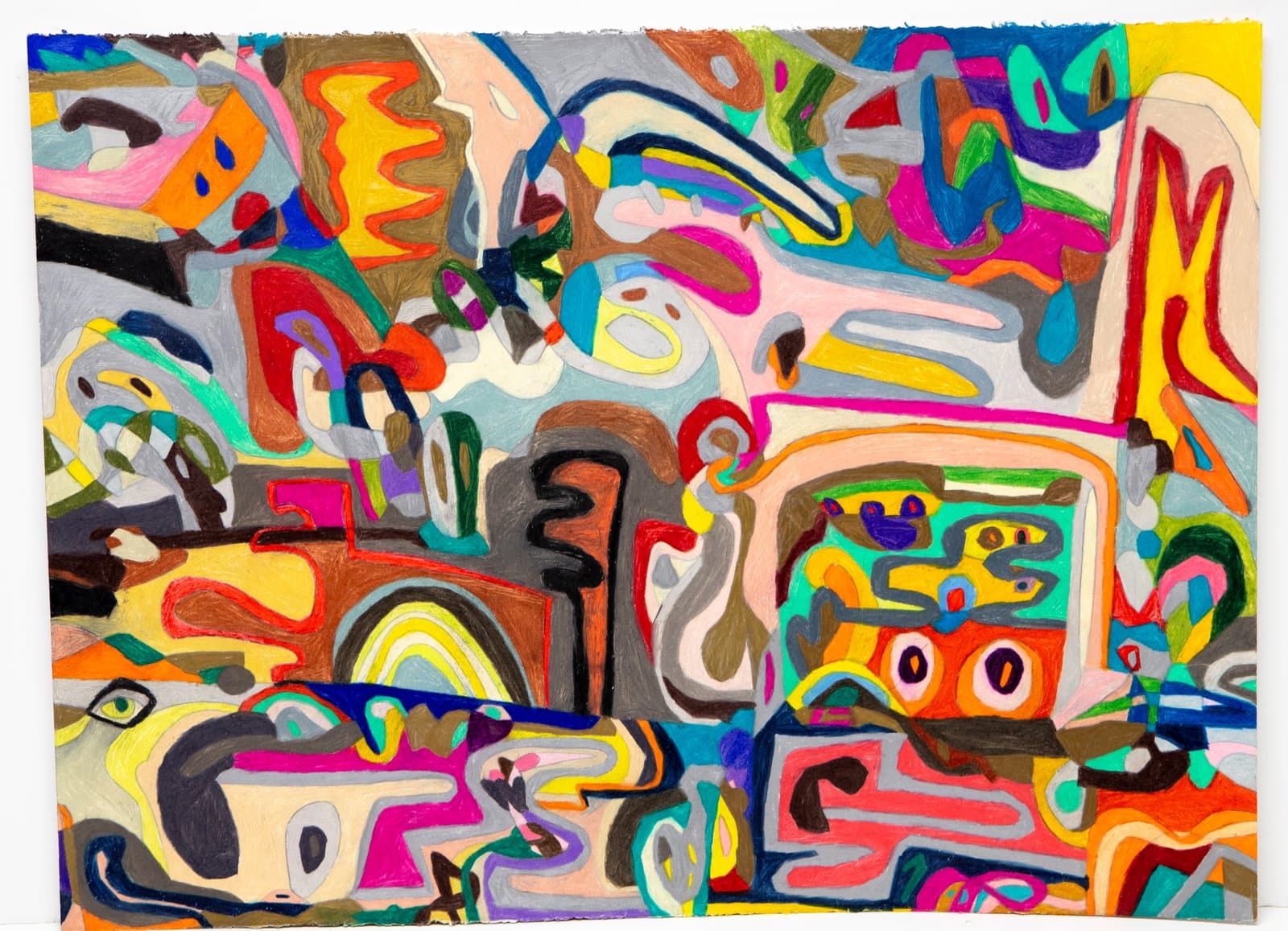 Large abstract colored pencil drawing densely packed with interlocking biomorphic and geometric forms in a vivid full spectrum palette.