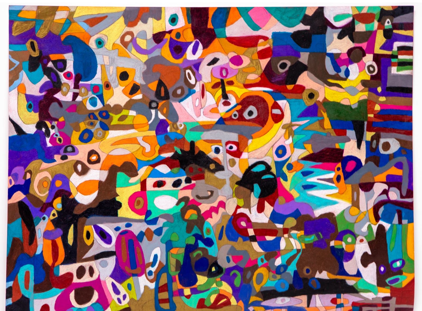 Dense abstract wax pencil drawing packed with colorful interlocking biomorphic shapes and face-like forms across the entire surface.